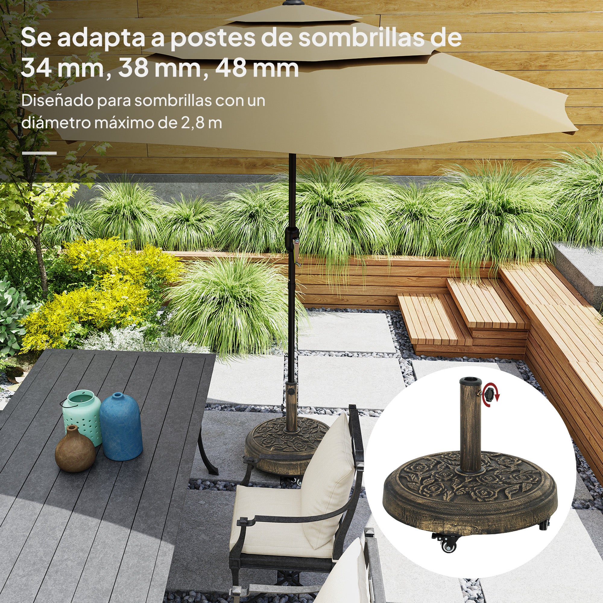 Outsunny Base para Sombrilla Redonda Soporte para Parasol con Ruedas Pie para Sombrilla Relleno de Cemento Peso 21 kg para Jardín Terraza Bronce