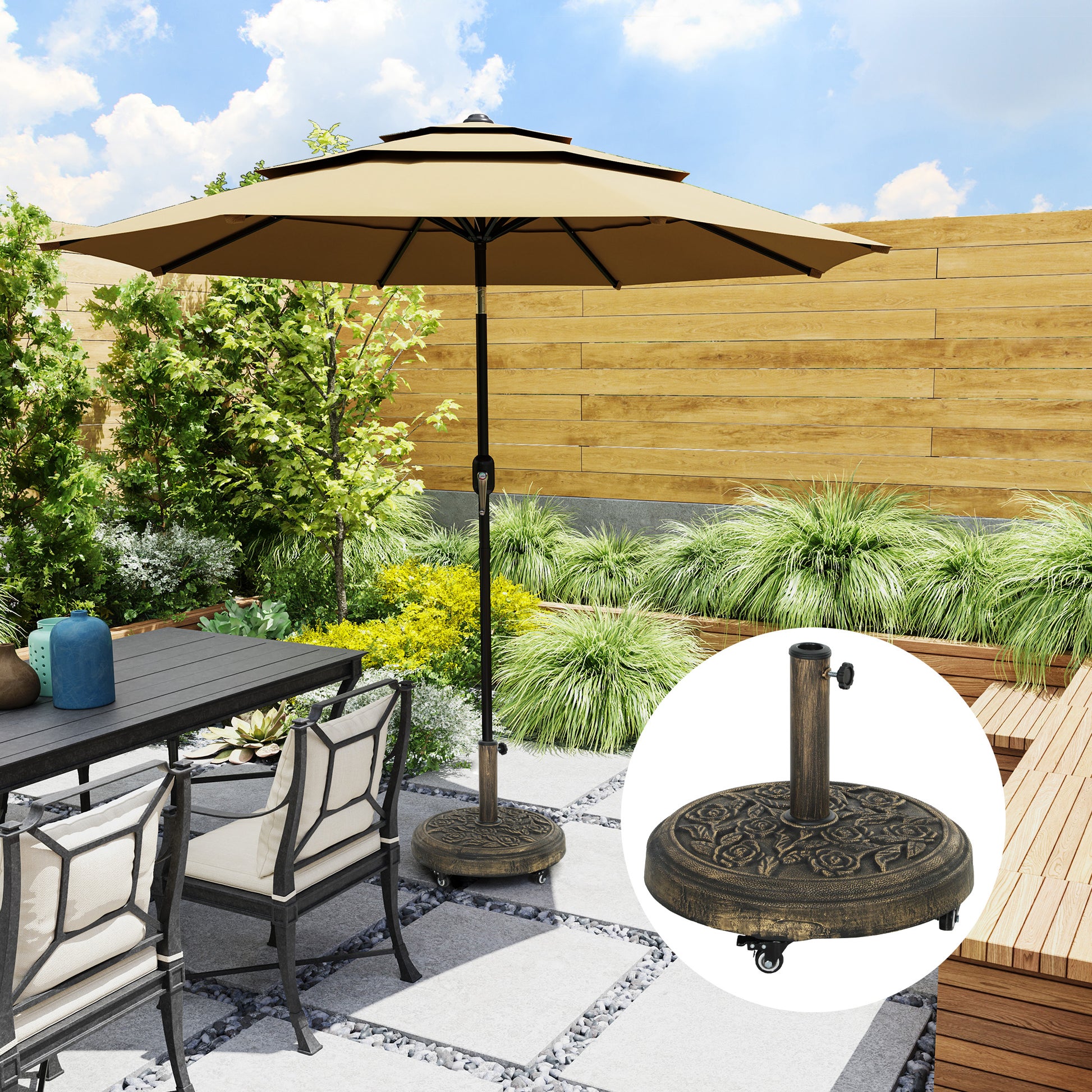 Outsunny Base para Sombrilla Redonda Soporte para Parasol con Ruedas Pie para Sombrilla Relleno de Cemento Peso 21 kg para Jardín Terraza Bronce