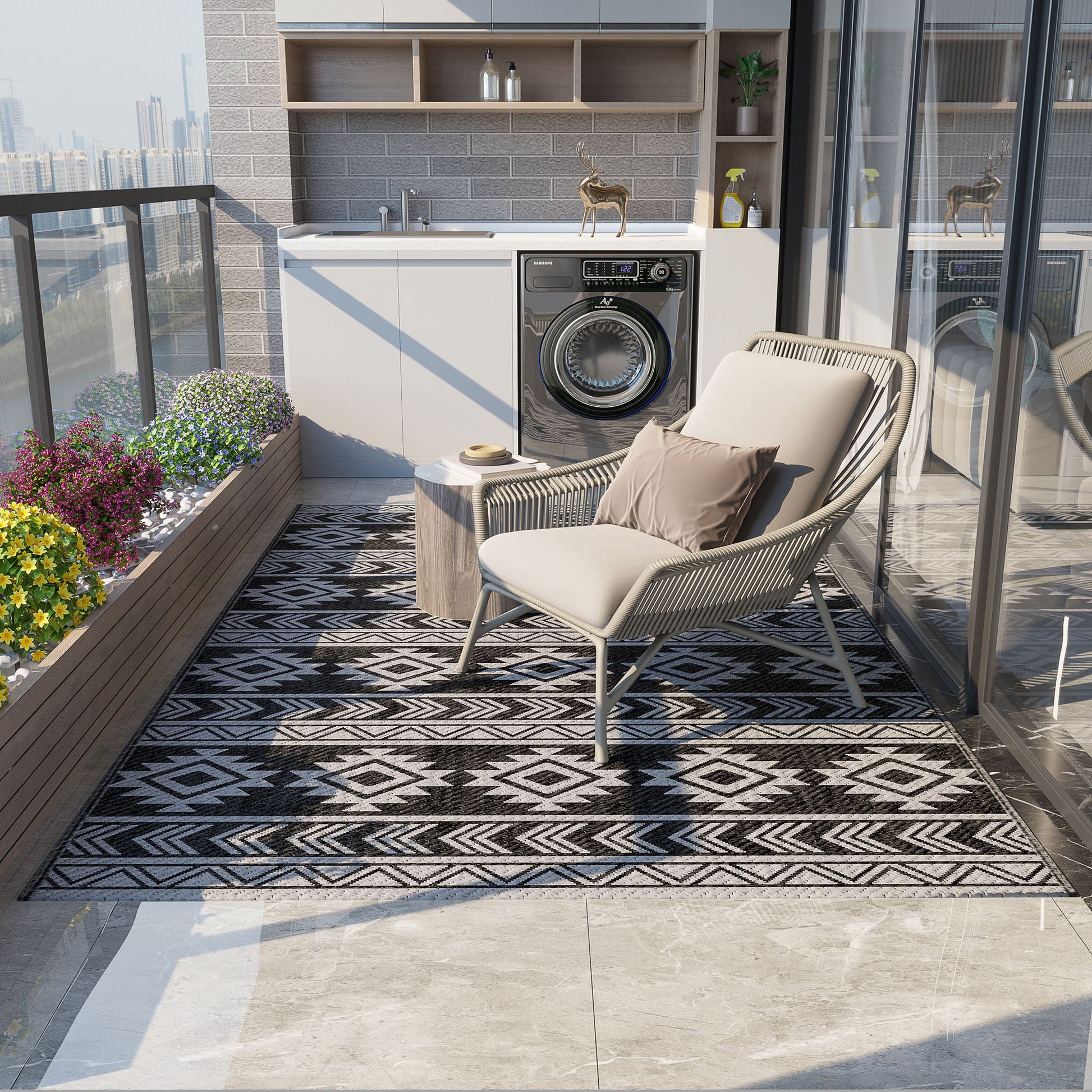 Outsunny Alfombra de Exterior, 182x274 cm, Alfombra Reversible con Patrón Geométrico, Impermeable, Anti-UV, para Terraza, Balcón, Patio, Camping, Viajes en Autocaravana, Negro y Gris Claro