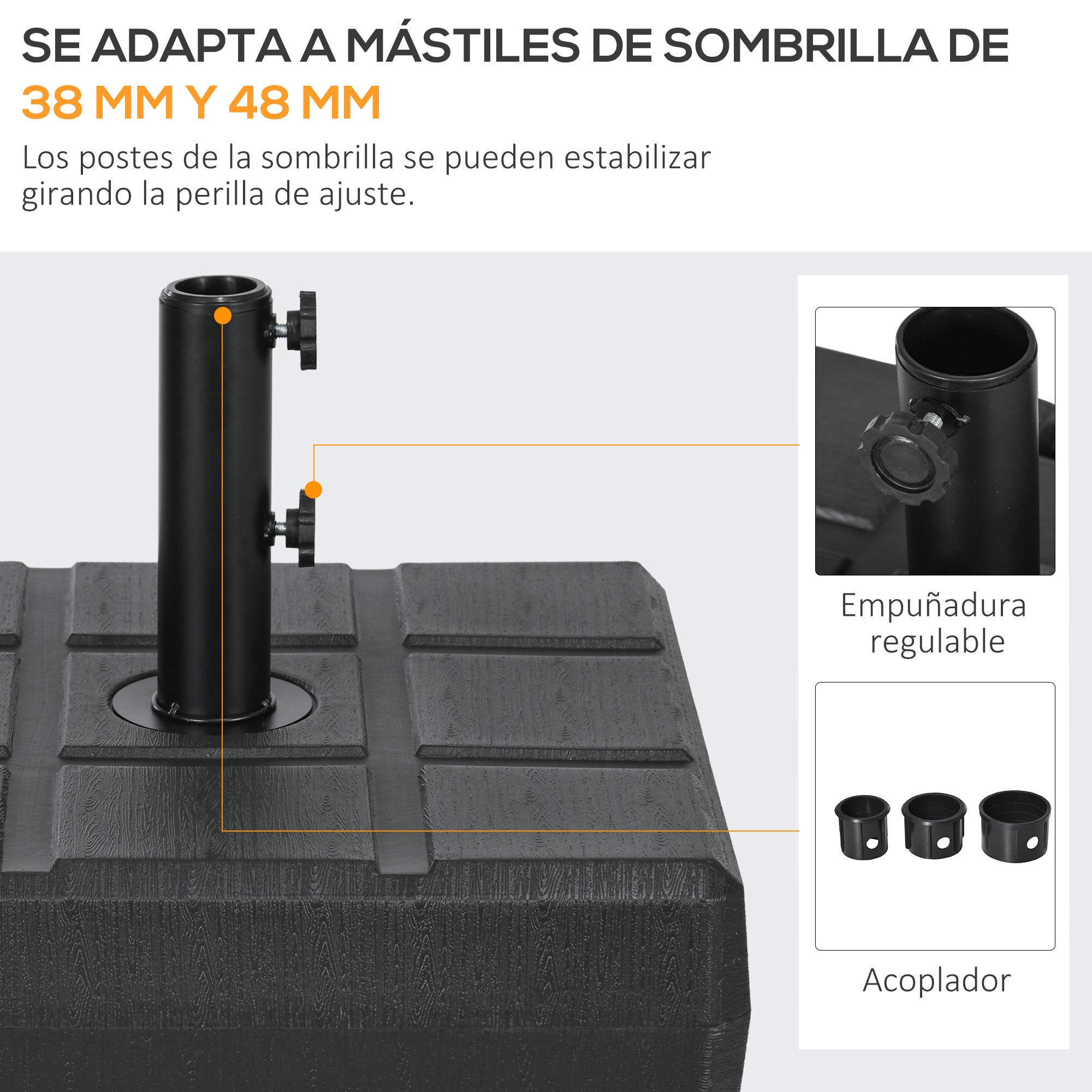 Outsunny Base de Sombrilla Rectangular Soporte para Parasol Rellenable de Agua 30 kg y Arena 40 kg para Poste de Paraguas de Ø32/38/48 mm para Terraza Patio Jardín 49x49x36,5 cm Negro