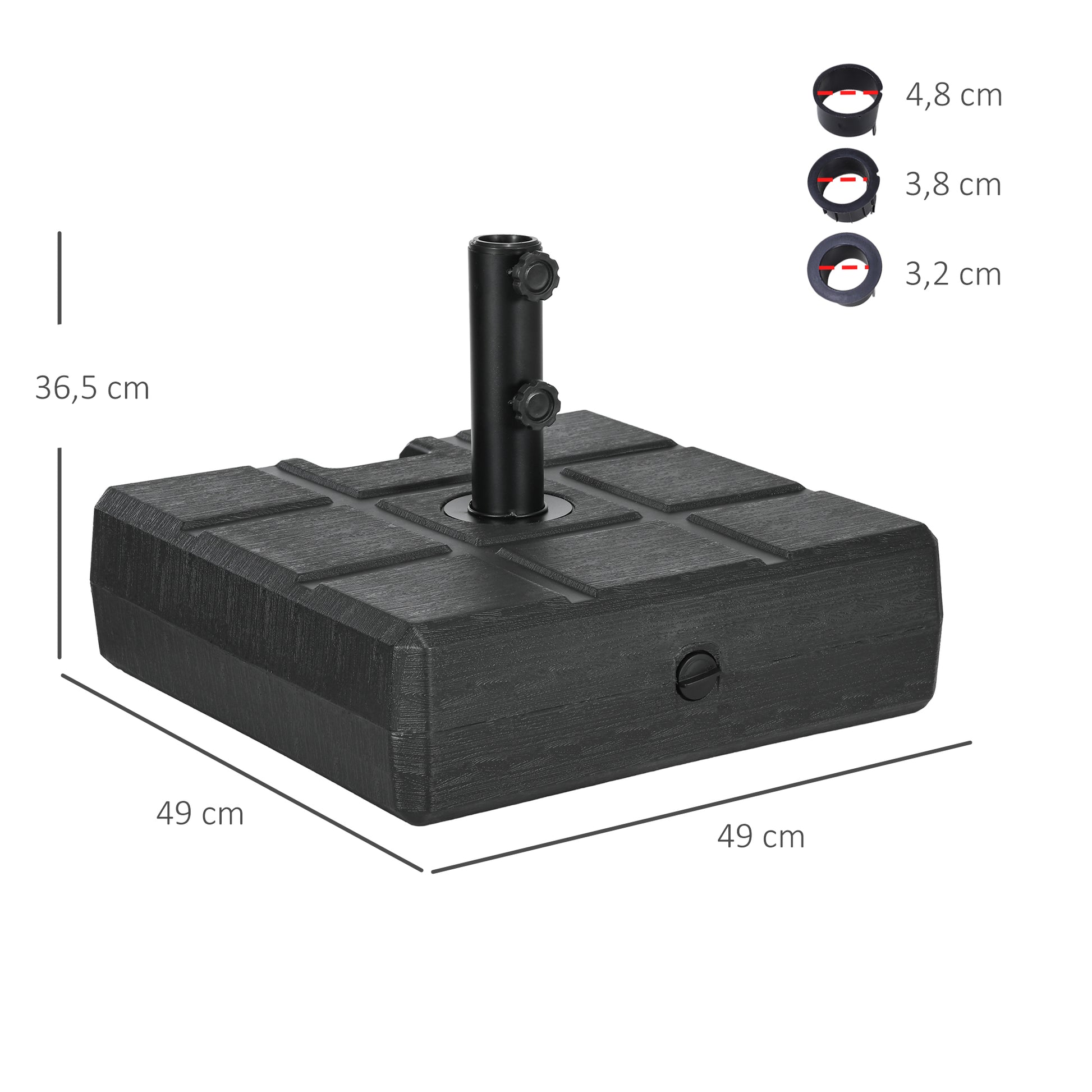 Outsunny Base de Sombrilla Rectangular Soporte para Parasol Rellenable de Agua 30 kg y Arena 40 kg para Poste de Paraguas de Ø32/38/48 mm para Terraza Patio Jardín 49x49x36,5 cm Negro