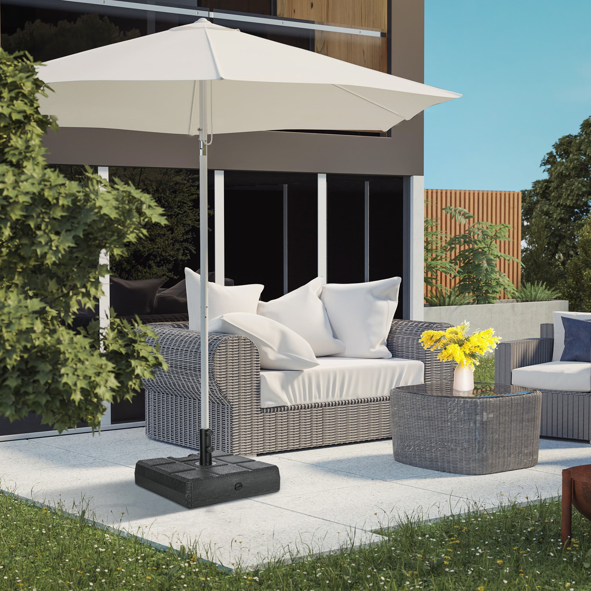 Outsunny Base de Sombrilla Rectangular Soporte para Parasol Rellenable de Agua 30 kg y Arena 40 kg para Poste de Paraguas de Ø32/38/48 mm para Terraza Patio Jardín 49x49x36,5 cm Negro