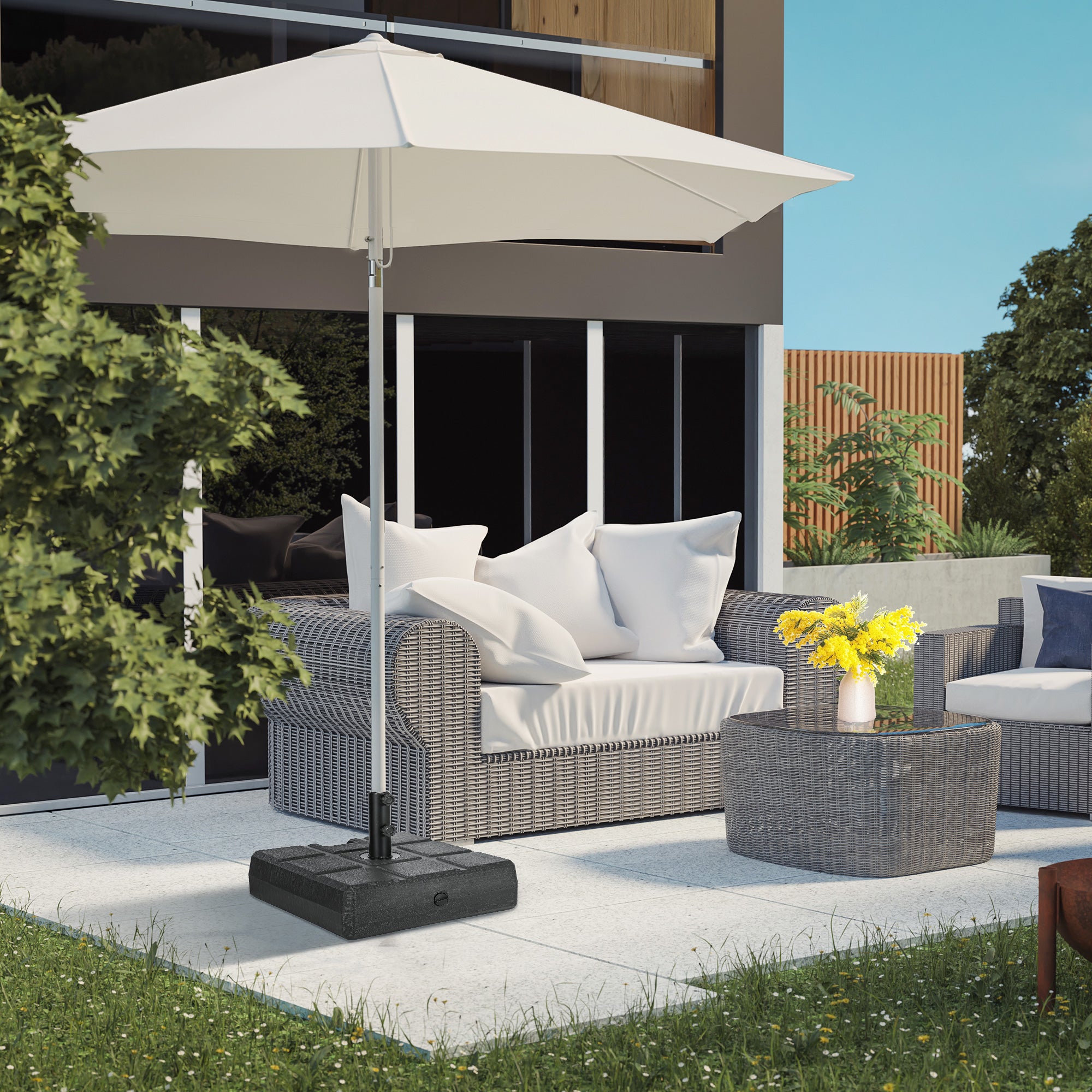 Outsunny Base de Sombrilla Rectangular Soporte para Parasol Rellenable de Agua 30 kg y Arena 40 kg para Poste de Paraguas de Ø32/38/48 mm para Terraza Patio Jardín 49x49x36,5 cm Negro