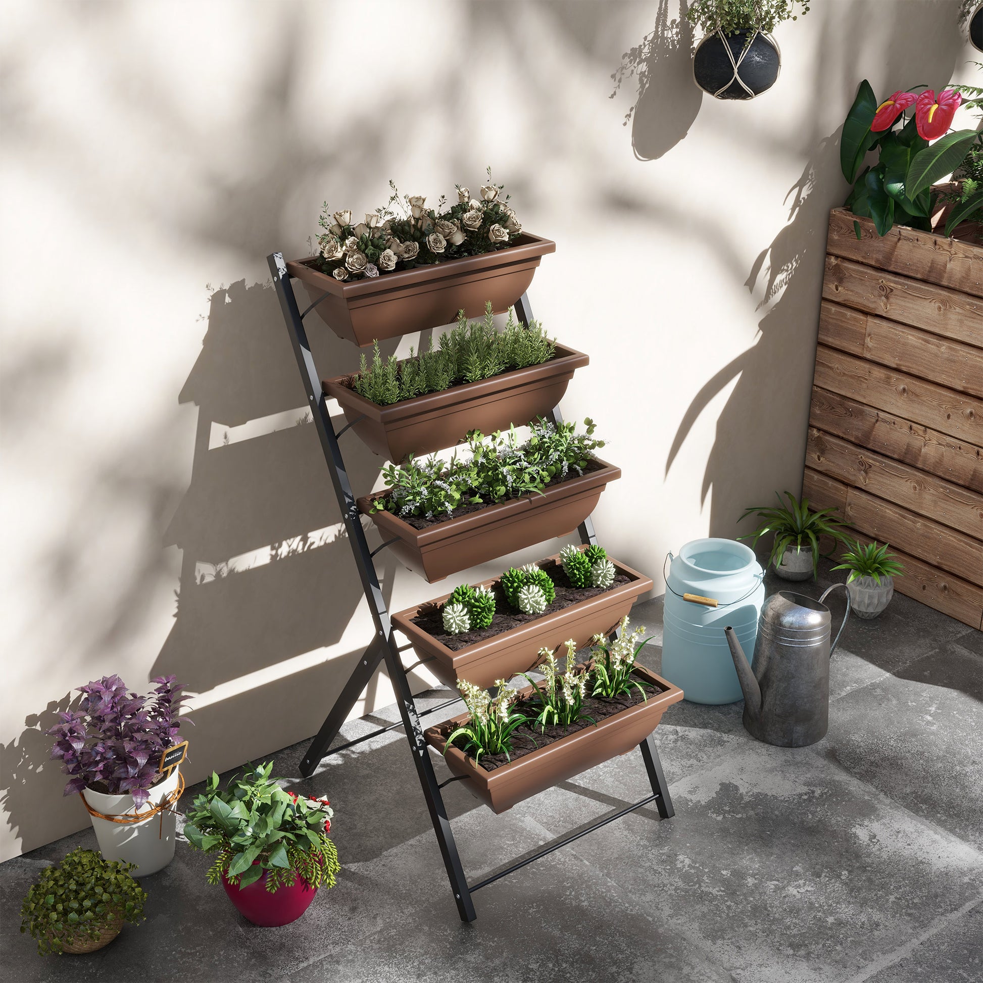 Outsunny Soporte para Plantas de 5 Niveles con 5 Macetas, Estantería para Plantas para Esquina, Orificios de Drenaje, Diseño en Escalera, Soporte para Macetas, Interior y Exterior, 55x63x120 cm, Negro