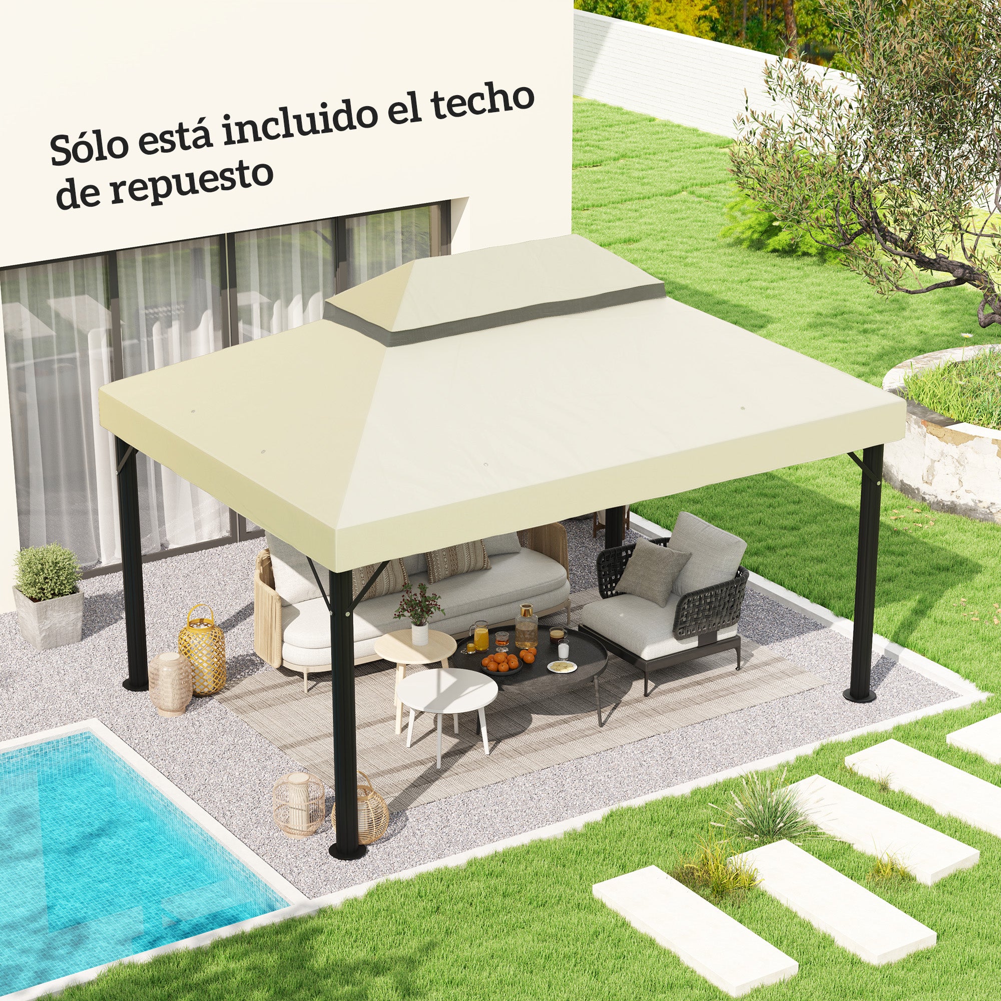 Outsunny Techo de Repuesto para Cenador 4x3 m Cubierta de Repuesto con Techo Doble con Mosquitera Protección UV 30+ Toldo de Recambio para Pabellón Gazebo Crema