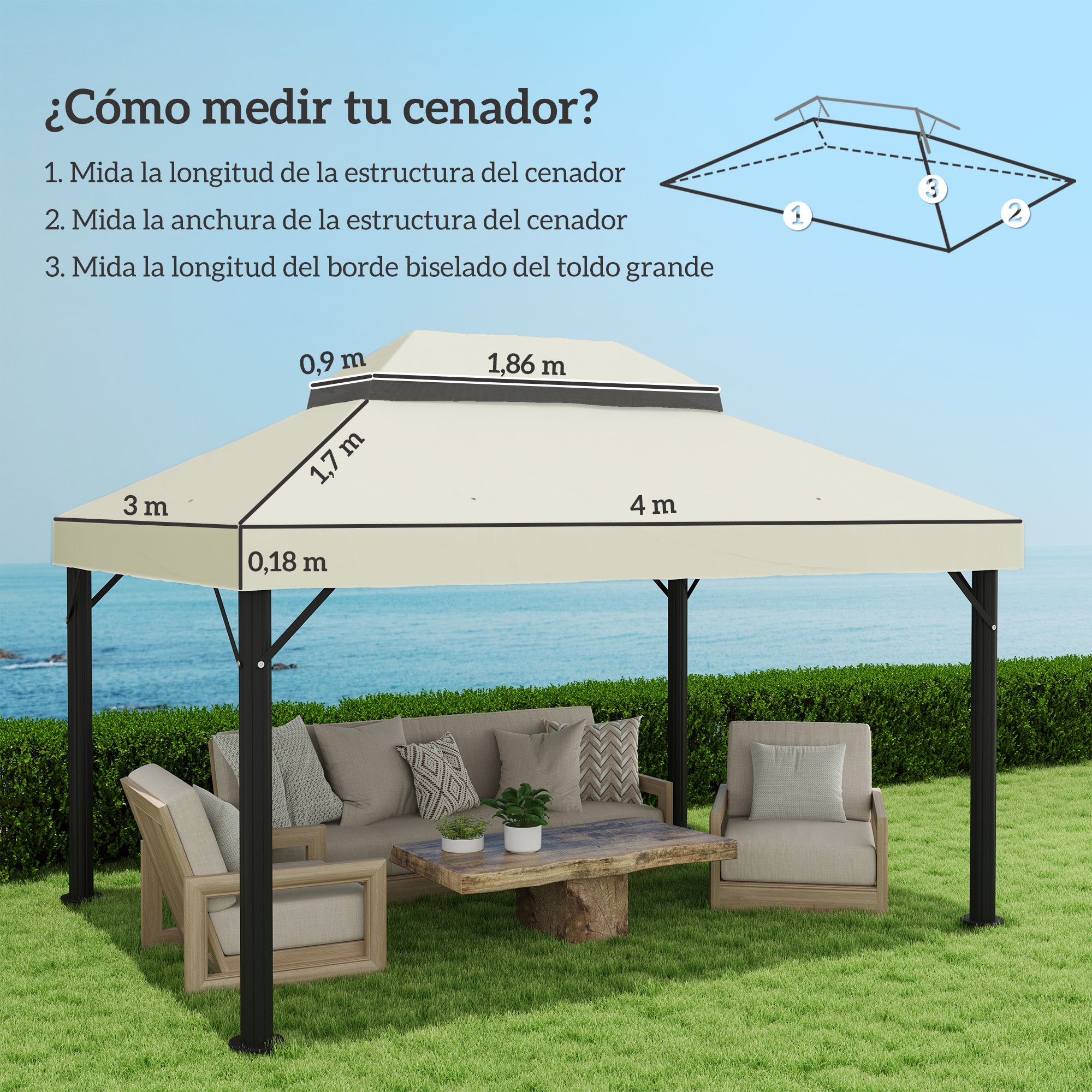 Outsunny Techo de Repuesto para Cenador 4x3 m Cubierta de Repuesto con Techo Doble con Mosquitera Protección UV 30+ Toldo de Recambio para Pabellón Gazebo Crema