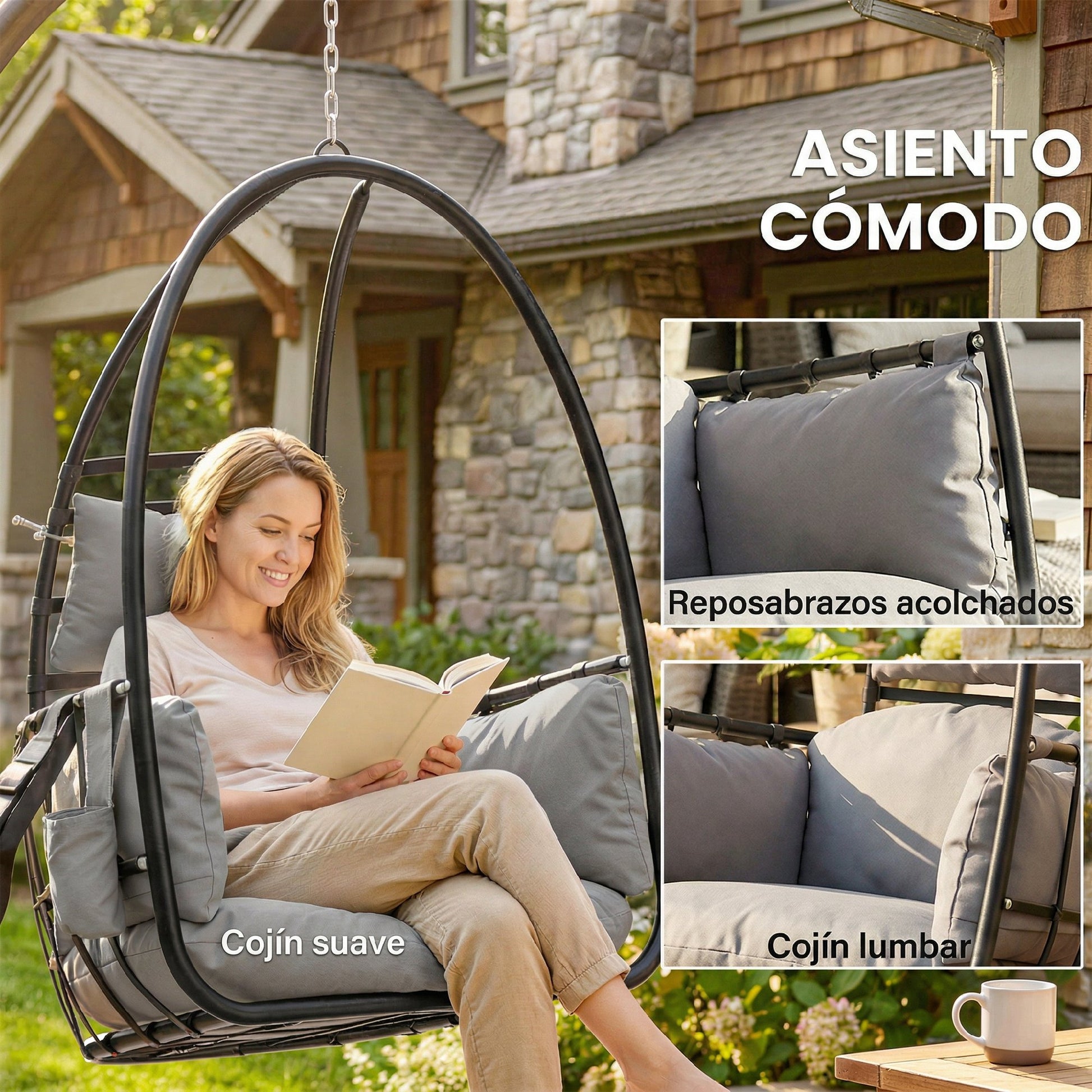 Outsunny Silla Colgante Huevo con Soporte, Columpio de Jardín Exterior con Cesta Plegable, Reposacabezas, Cojín, Bolsillo Lateral, Columpio Colgante para Interior y Exterior, Carga 120 kg, Gris Oscuro
