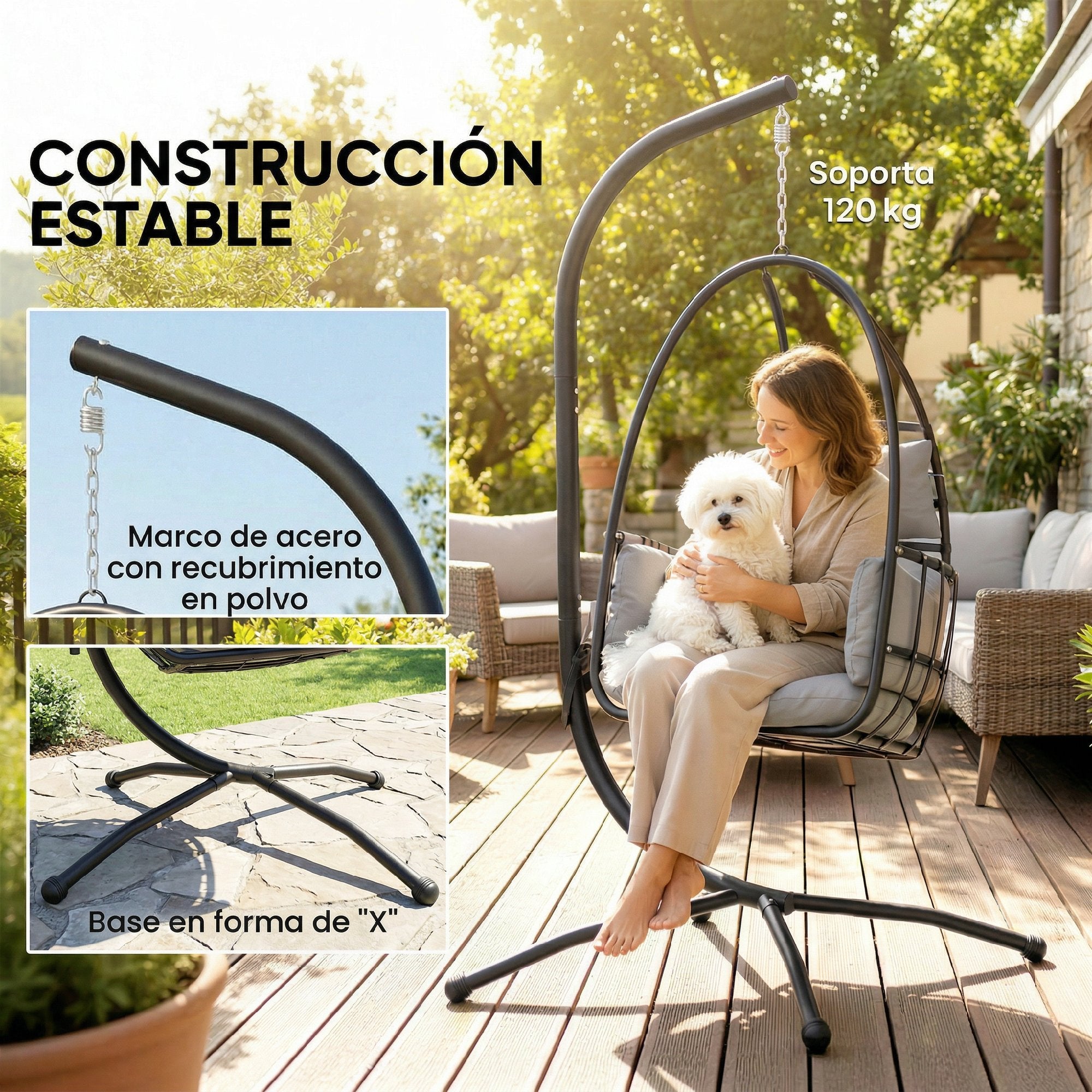 Outsunny Silla Colgante Huevo con Soporte, Columpio de Jardín Exterior con Cesta Plegable, Reposacabezas, Cojín, Bolsillo Lateral, Columpio Colgante para Interior y Exterior, Carga 120 kg, Gris Oscuro