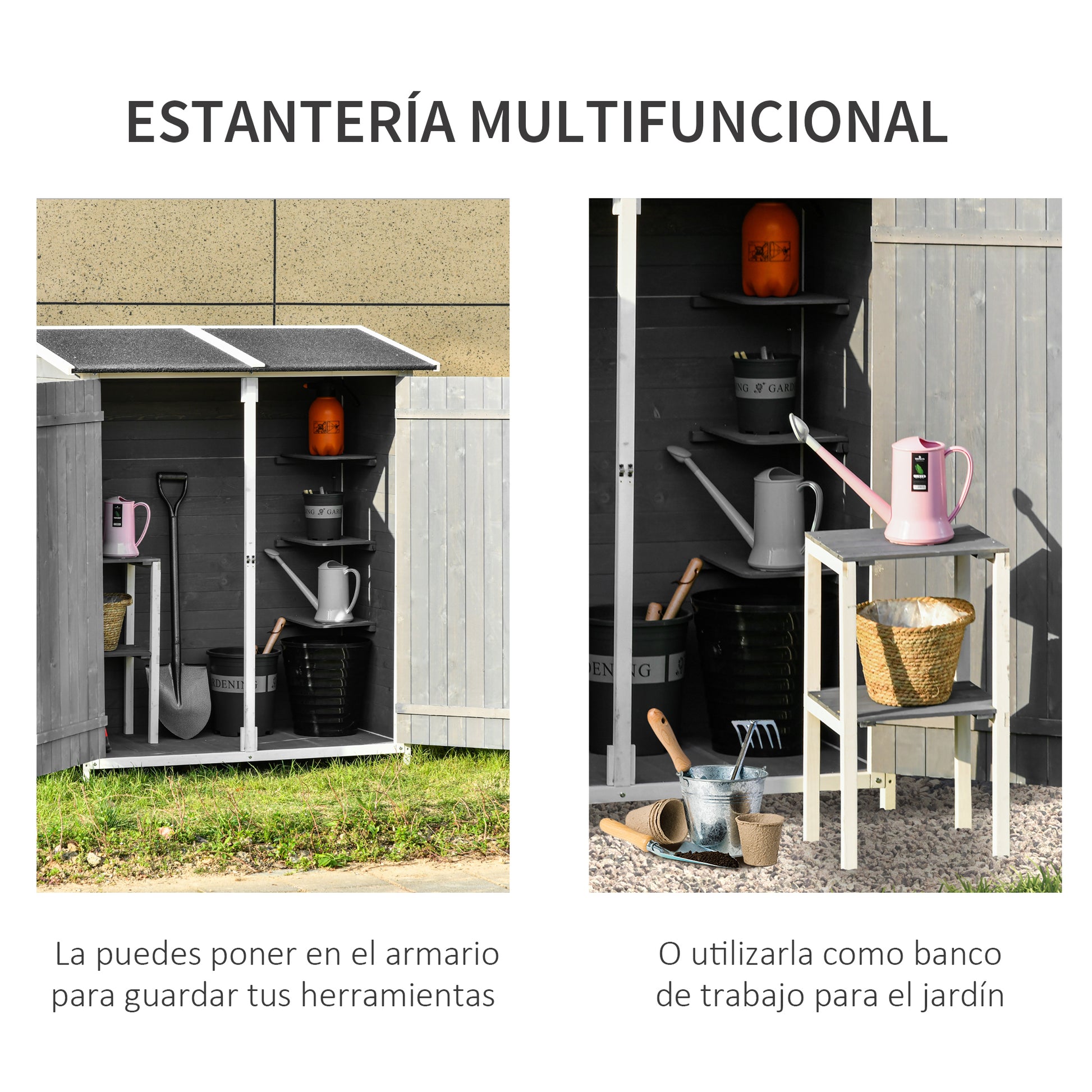 Outsunny Caseta de Jardín de Madera 139x75x160 cm Armario de Jardín Cobertizo para Almacenaje de Herramientas con Estantería Movible Puertas con Cerrojo Techo Asfáltico Gris