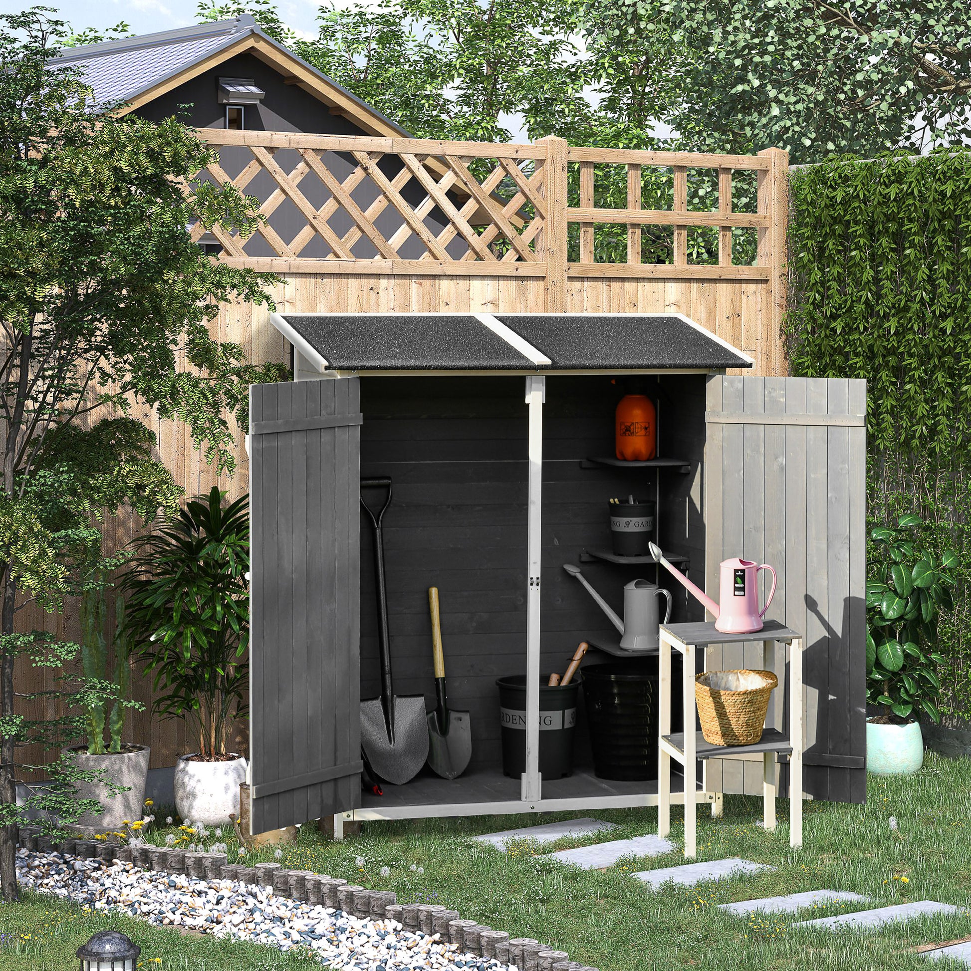 Outsunny Caseta de Jardín de Madera 139x75x160 cm Armario de Jardín Cobertizo para Almacenaje de Herramientas con Estantería Movible Puertas con Cerrojo Techo Asfáltico Gris