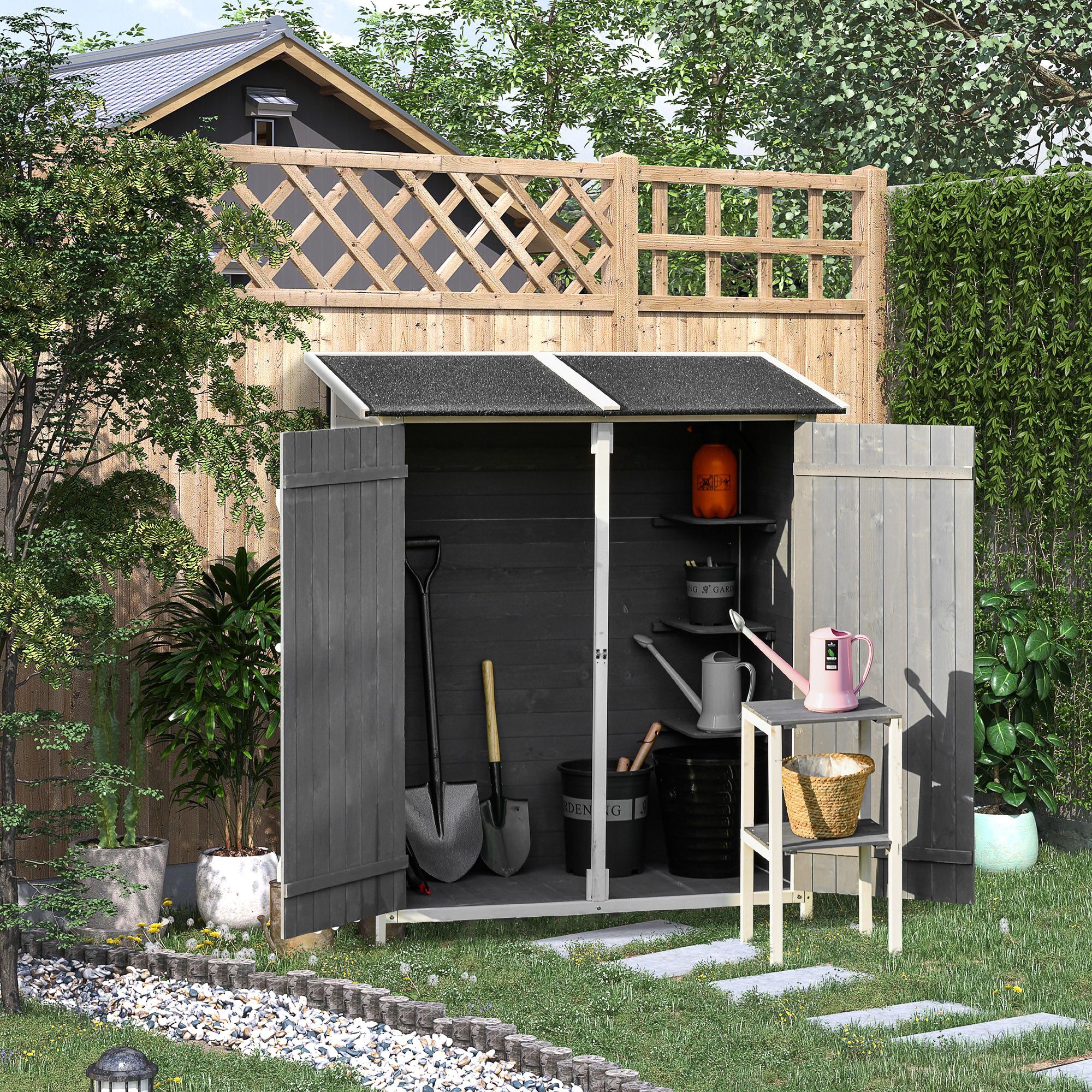 Outsunny Caseta de Jardín de Madera 139x75x160 cm Armario de Jardín Cobertizo para Almacenaje de Herramientas con Estantería Movible Puertas con Cerrojo Techo Asfáltico Gris