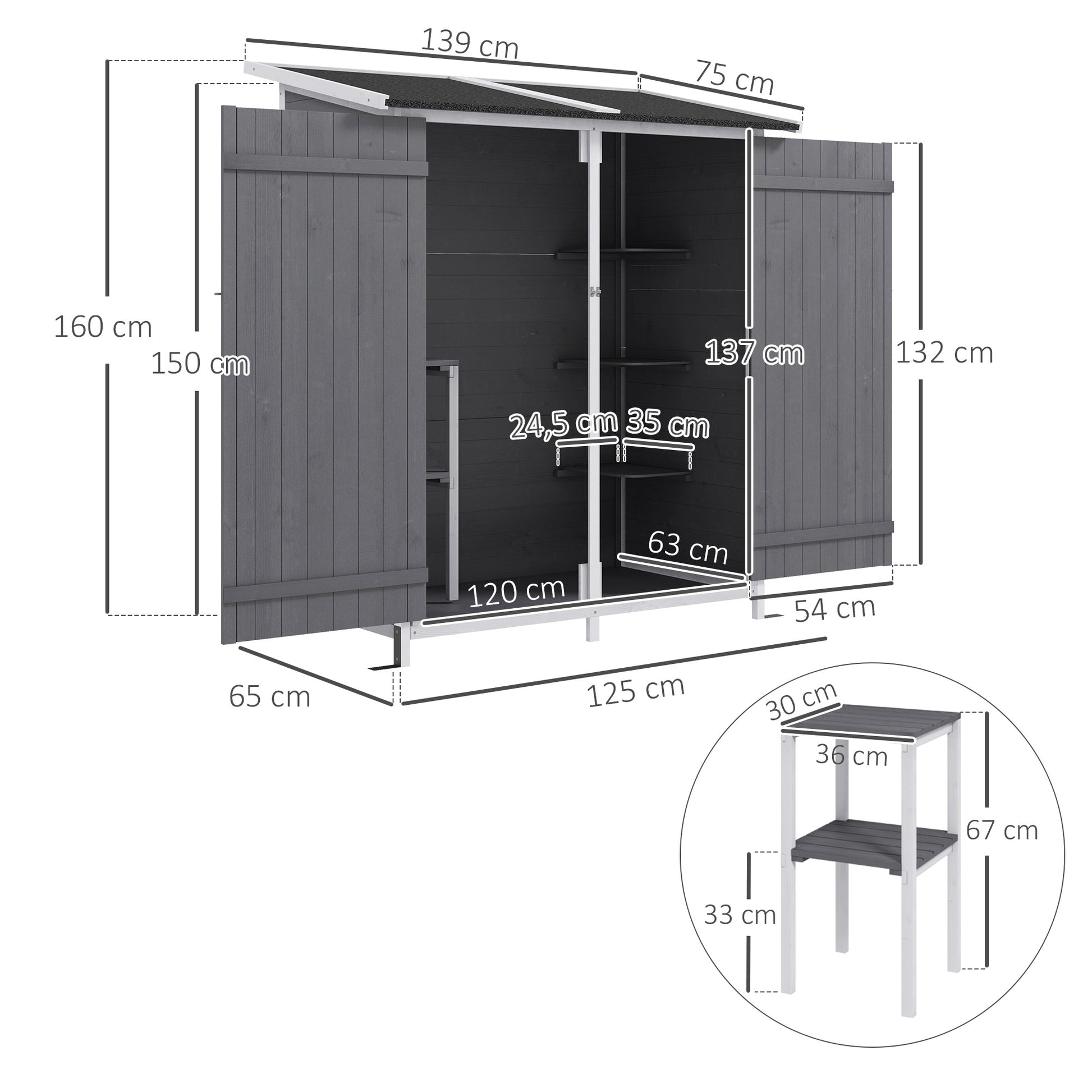 Outsunny Caseta de Jardín de Madera 139x75x160 cm Armario de Jardín Cobertizo para Almacenaje de Herramientas con Estantería Movible Puertas con Cerrojo Techo Asfáltico Gris