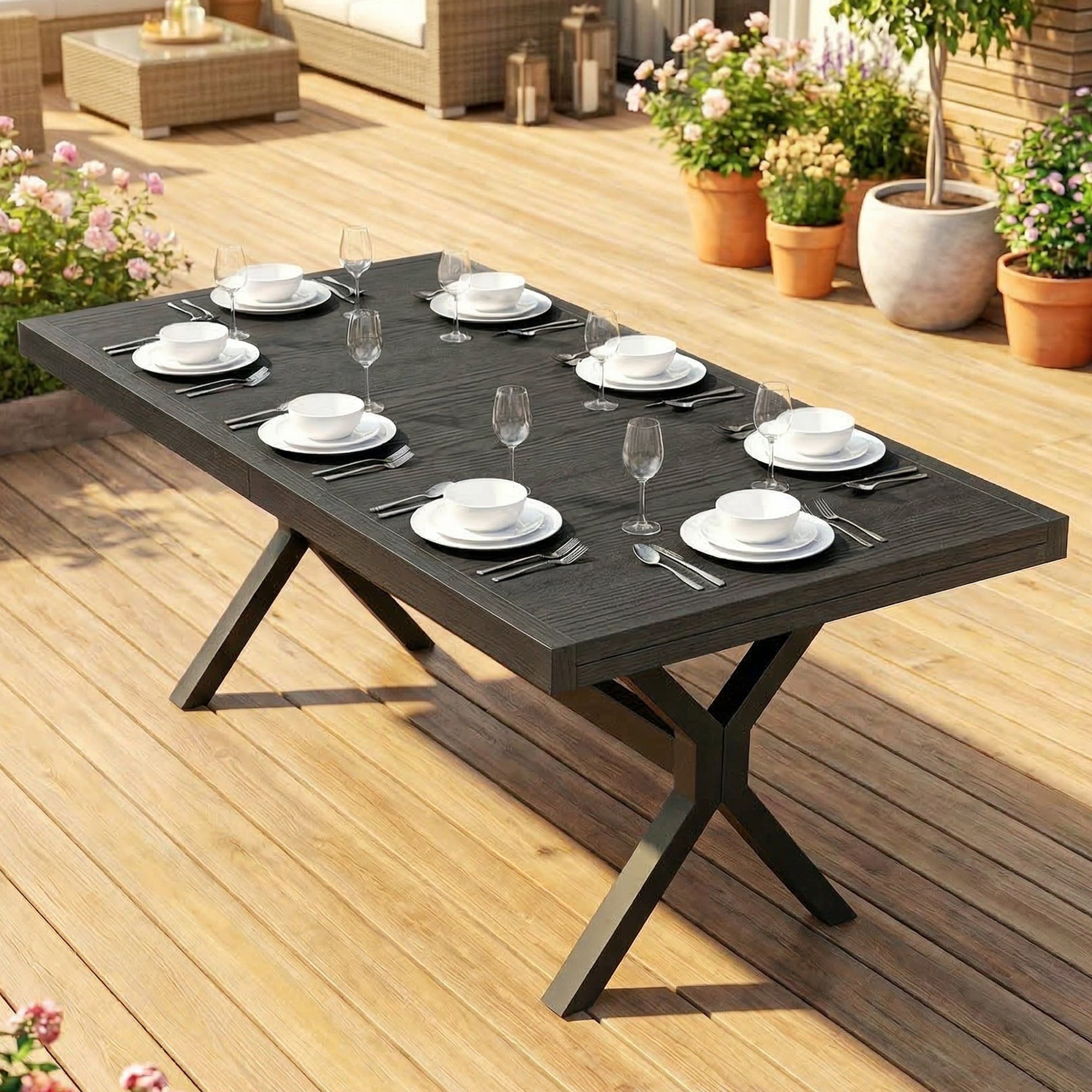 Outsunny Mesa de Jardín Extensible con Superficie de Aluminio, 154/214x85 cm, Mesa de Comedor Exterior Extensible Rectangular con Imitación Madera para 8-10 Personas, para Patio, Terraza, Gris Oscuro