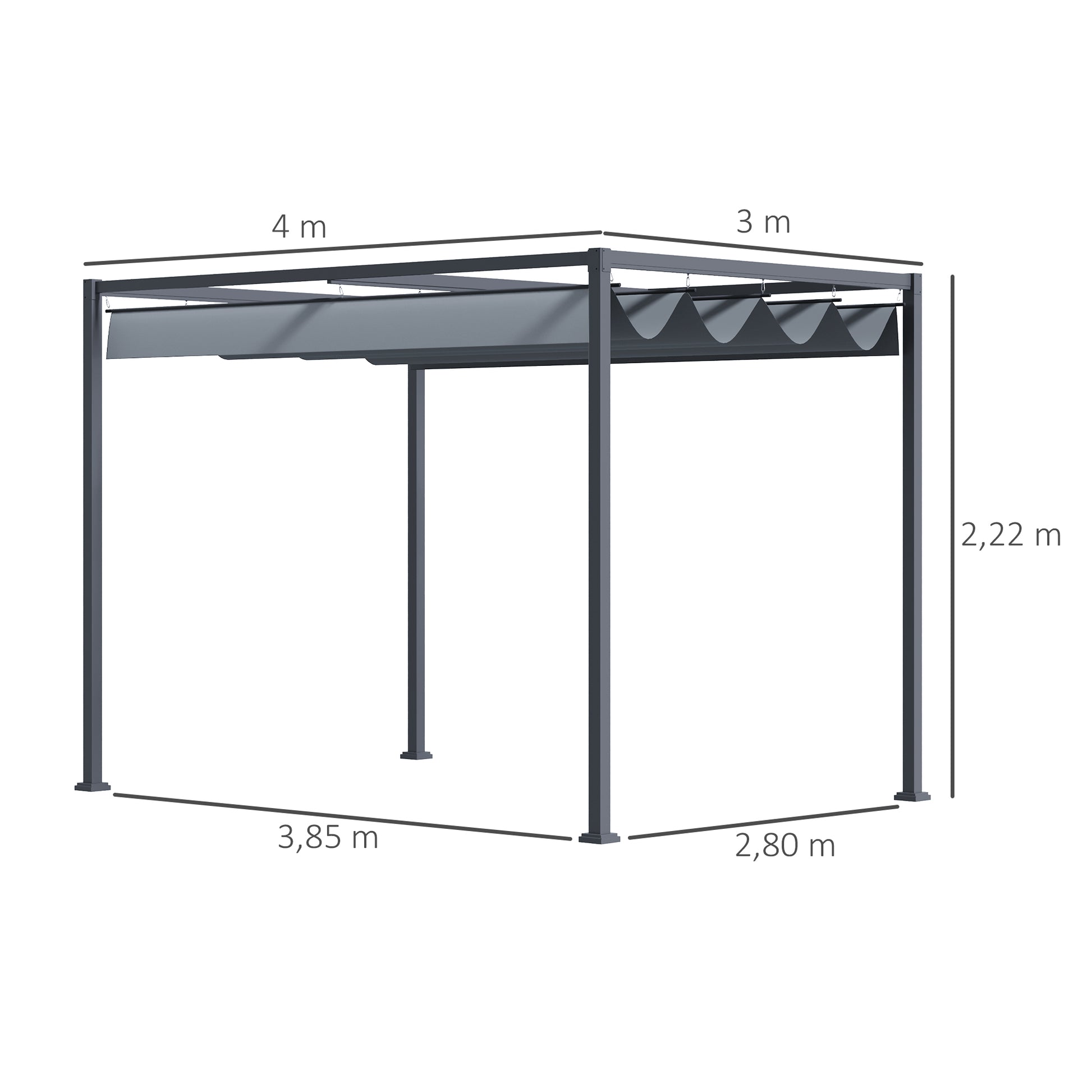 Outsunny Pérgola 4x3 m Cenador de Jardín Pabellón de Diseño Elegante con Techo Retráctil de Poliéster con Recubrimiento Resistente Anti-UV Impermeable para Celebraciones Fiestas Bodas Gris Oscuro