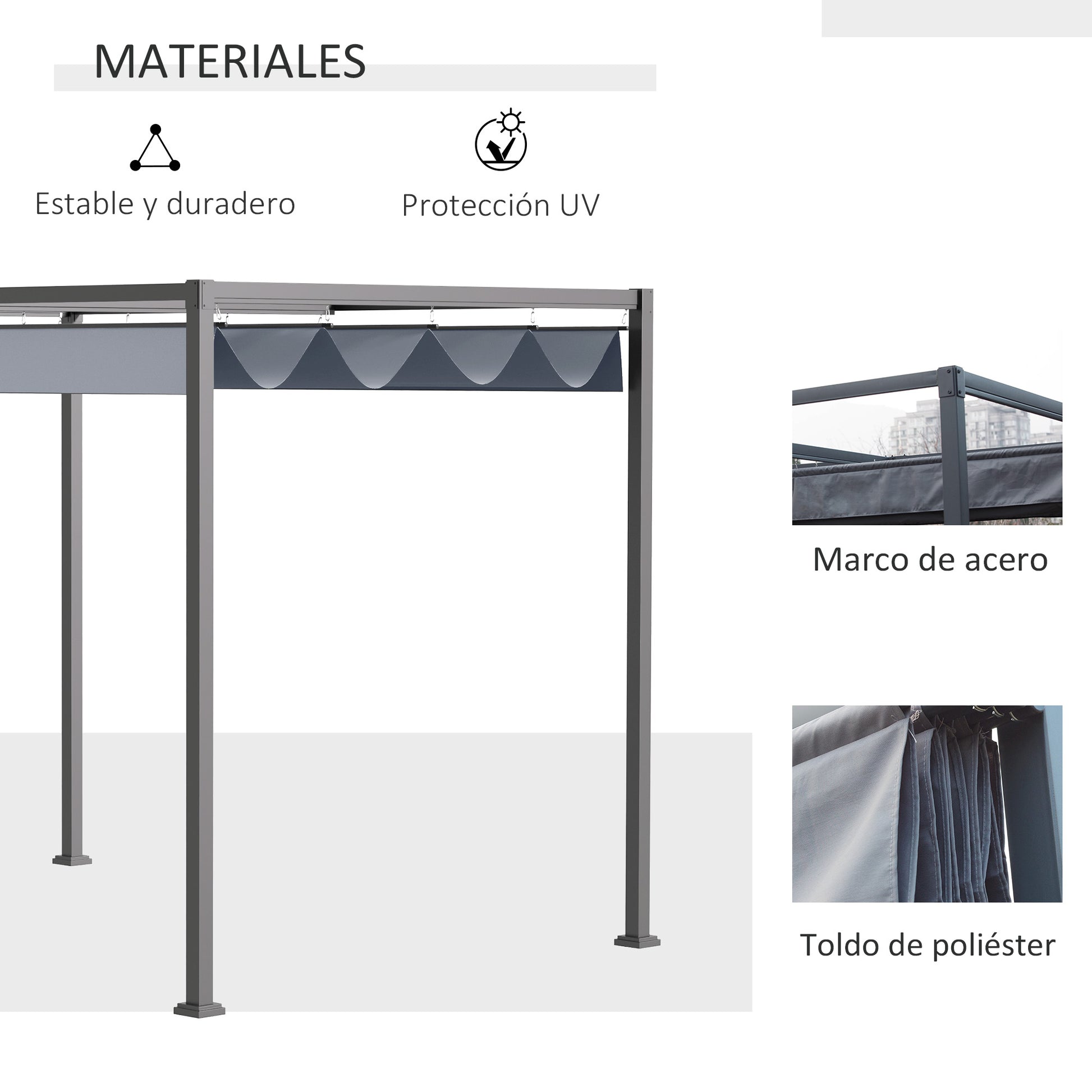 Outsunny Pérgola 4x3 m Cenador de Jardín Pabellón de Diseño Elegante con Techo Retráctil de Poliéster con Recubrimiento Resistente Anti-UV Impermeable para Celebraciones Fiestas Bodas Gris Oscuro