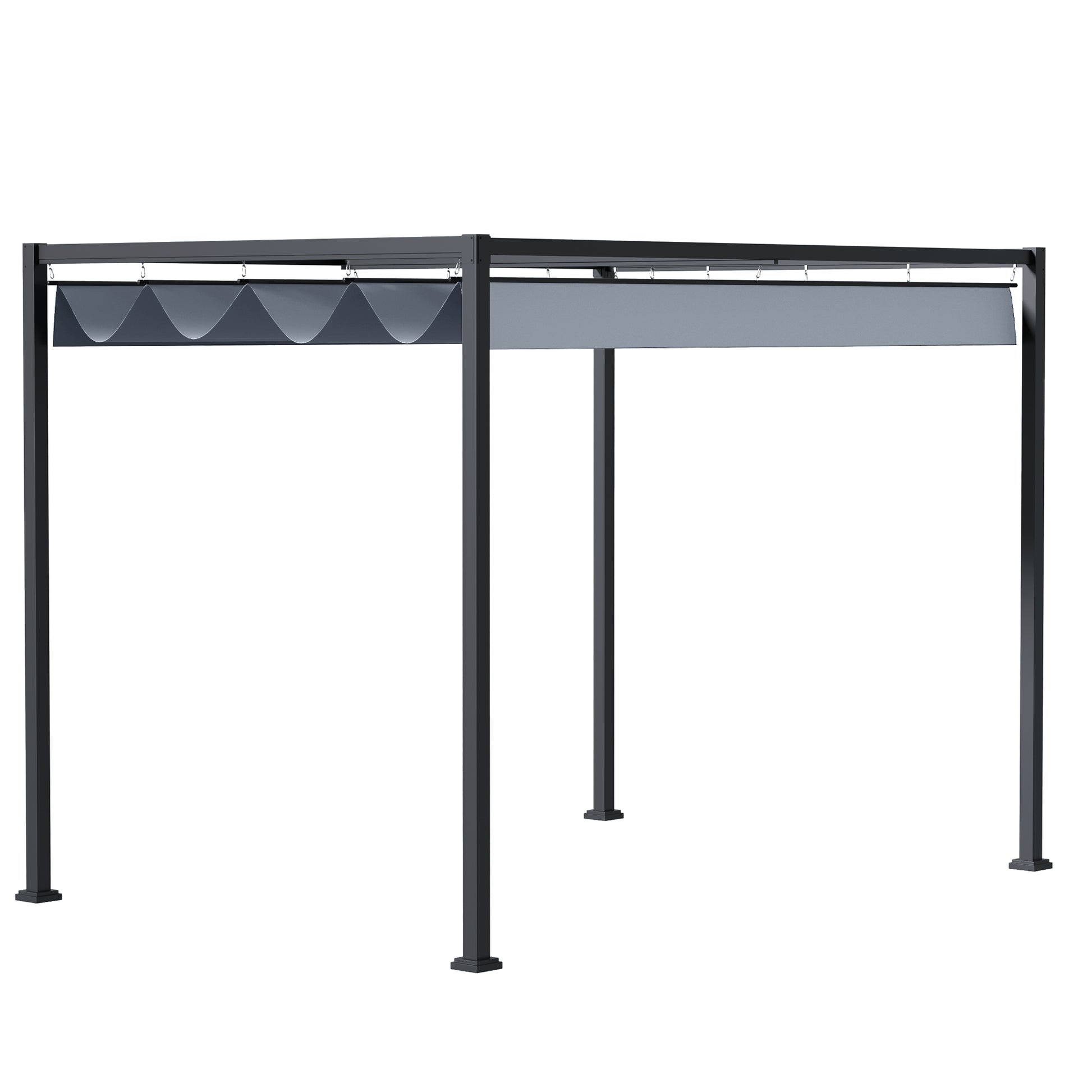 Outsunny Pérgola 4x3 m Cenador de Jardín Pabellón de Diseño Elegante con Techo Retráctil de Poliéster con Recubrimiento Resistente Anti-UV Impermeable para Celebraciones Fiestas Bodas Gris Oscuro