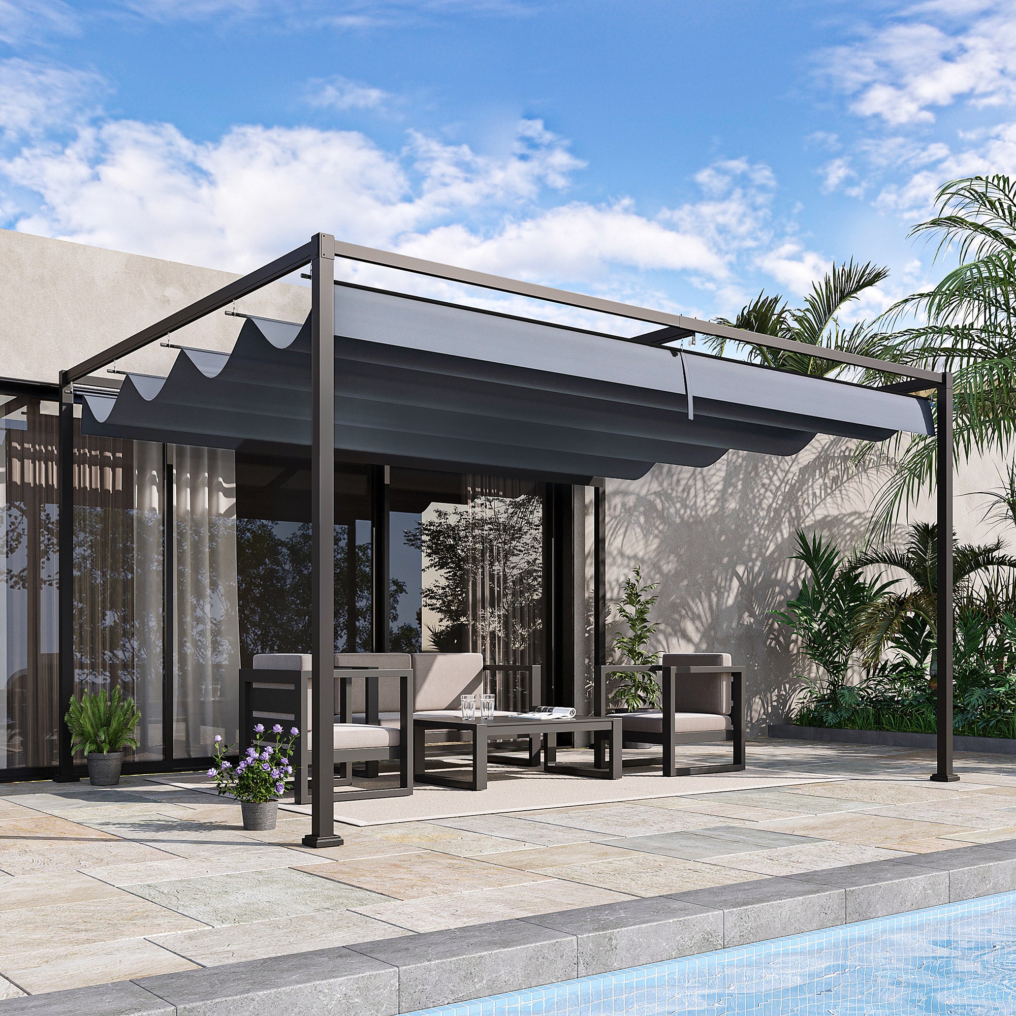Outsunny Pérgola 4x3 m Cenador de Jardín Pabellón de Diseño Elegante con Techo Retráctil de Poliéster con Recubrimiento Resistente Anti-UV Impermeable para Celebraciones Fiestas Bodas Gris Oscuro