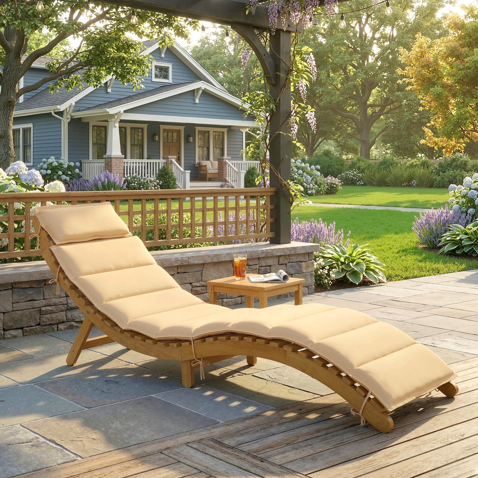 Outsunny Tumbona Plegable de Madera de Acacia con Cojín y Reposacabezas, Tumbona Jardín Exterior con Asa de Transporte, Carga 120 kg, para Patio, Terraza, Piscina, 183x54x63 cm, Beige