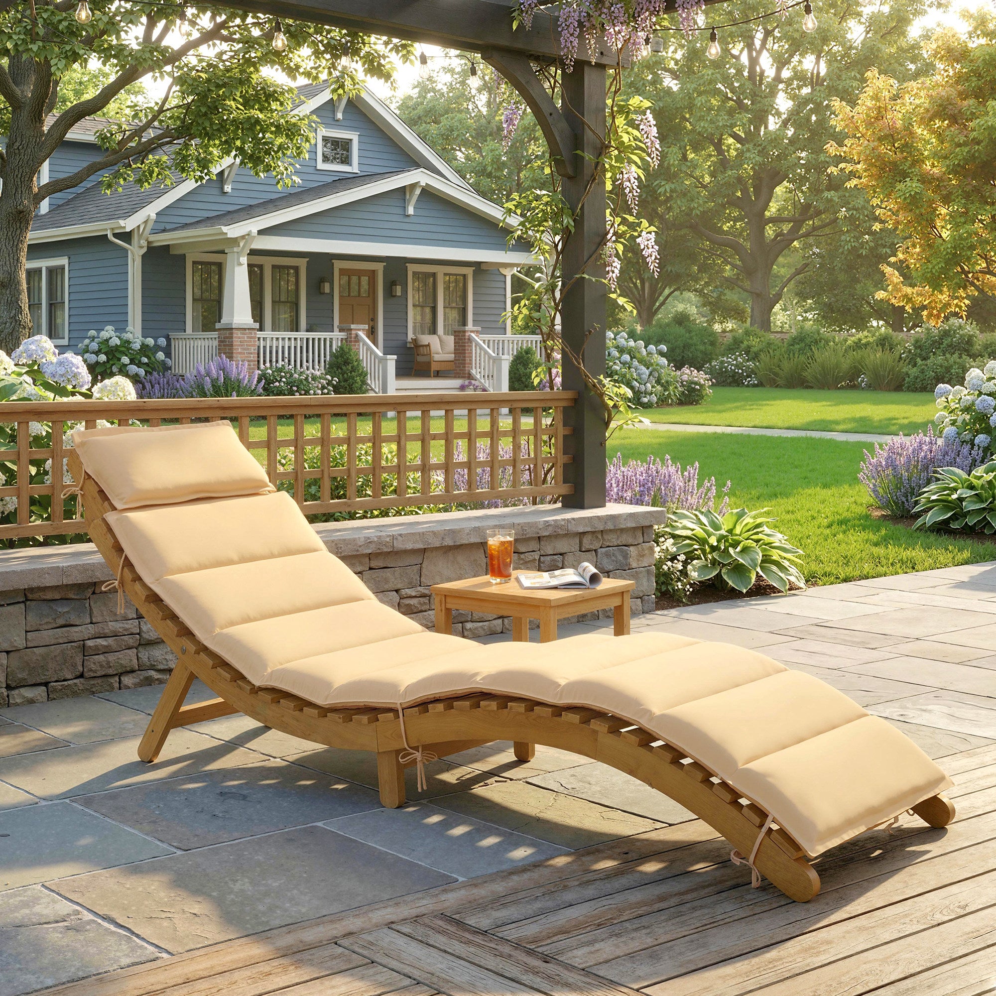 Outsunny Tumbona Plegable de Madera de Acacia con Cojín y Reposacabezas, Tumbona Jardín Exterior con Asa de Transporte, Carga 120 kg, para Patio, Terraza, Piscina, 183x54x63 cm, Beige