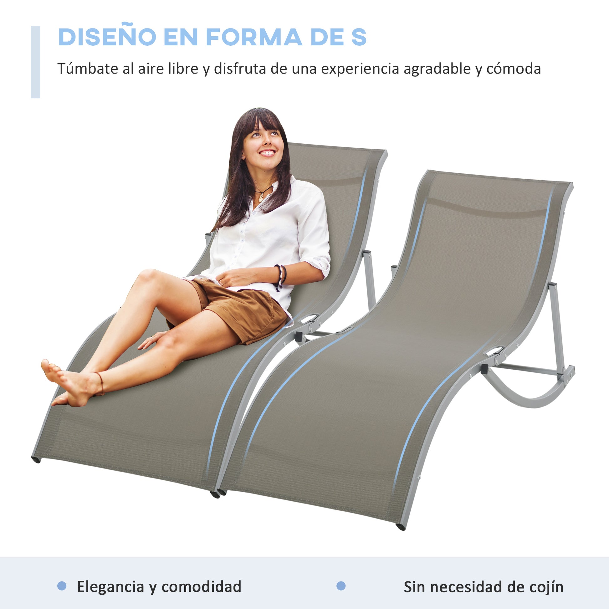 Outsunny 2 Tumbonas Plegables Tumbonas de Jardín en Forma de S con Marco de Aluminio Texteline para Piscina Patio Terraza 165x61x63 cm Gris