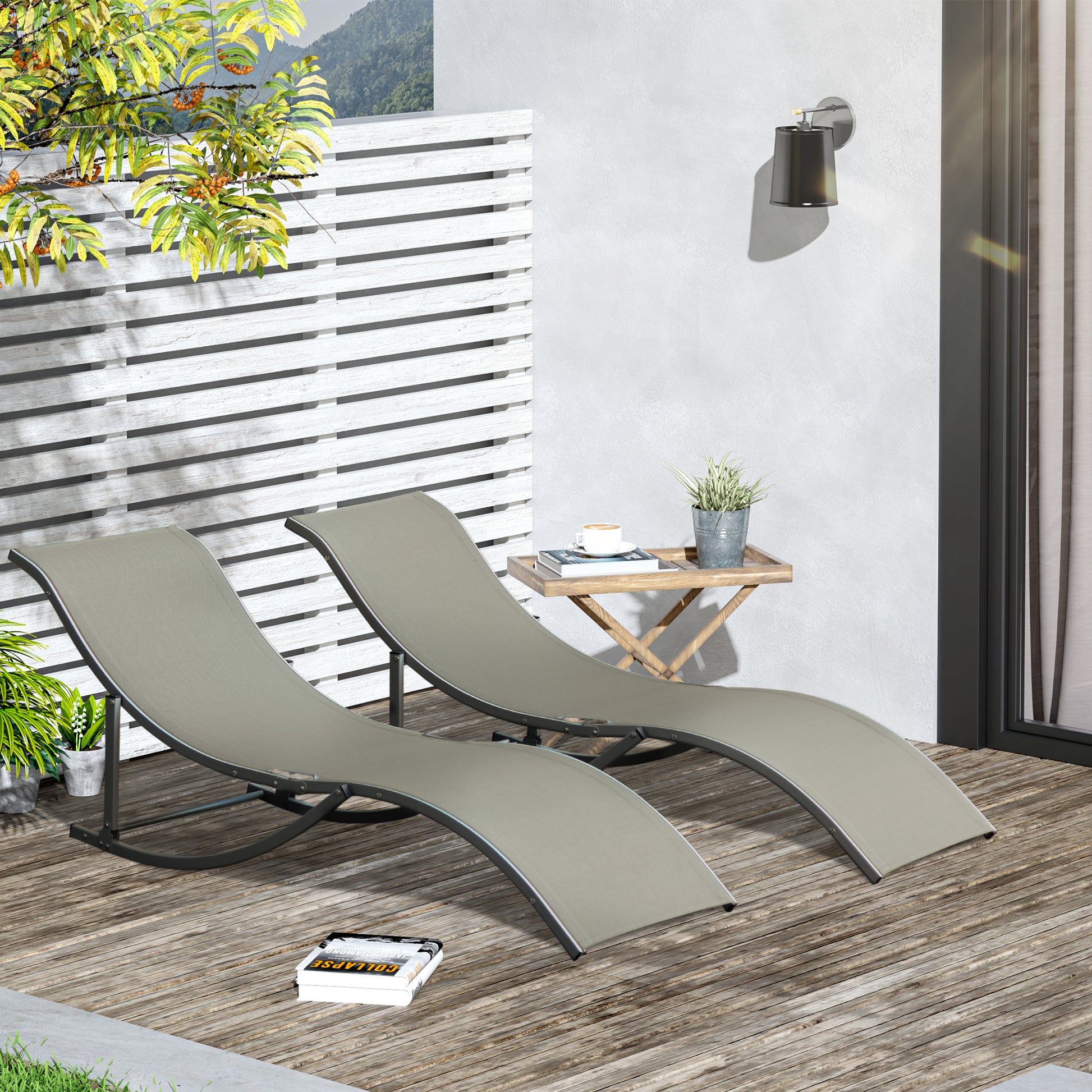 Outsunny 2 Tumbonas Plegables Tumbonas de Jardín en Forma de S con Marco de Aluminio Texteline para Piscina Patio Terraza 165x61x63 cm Gris
