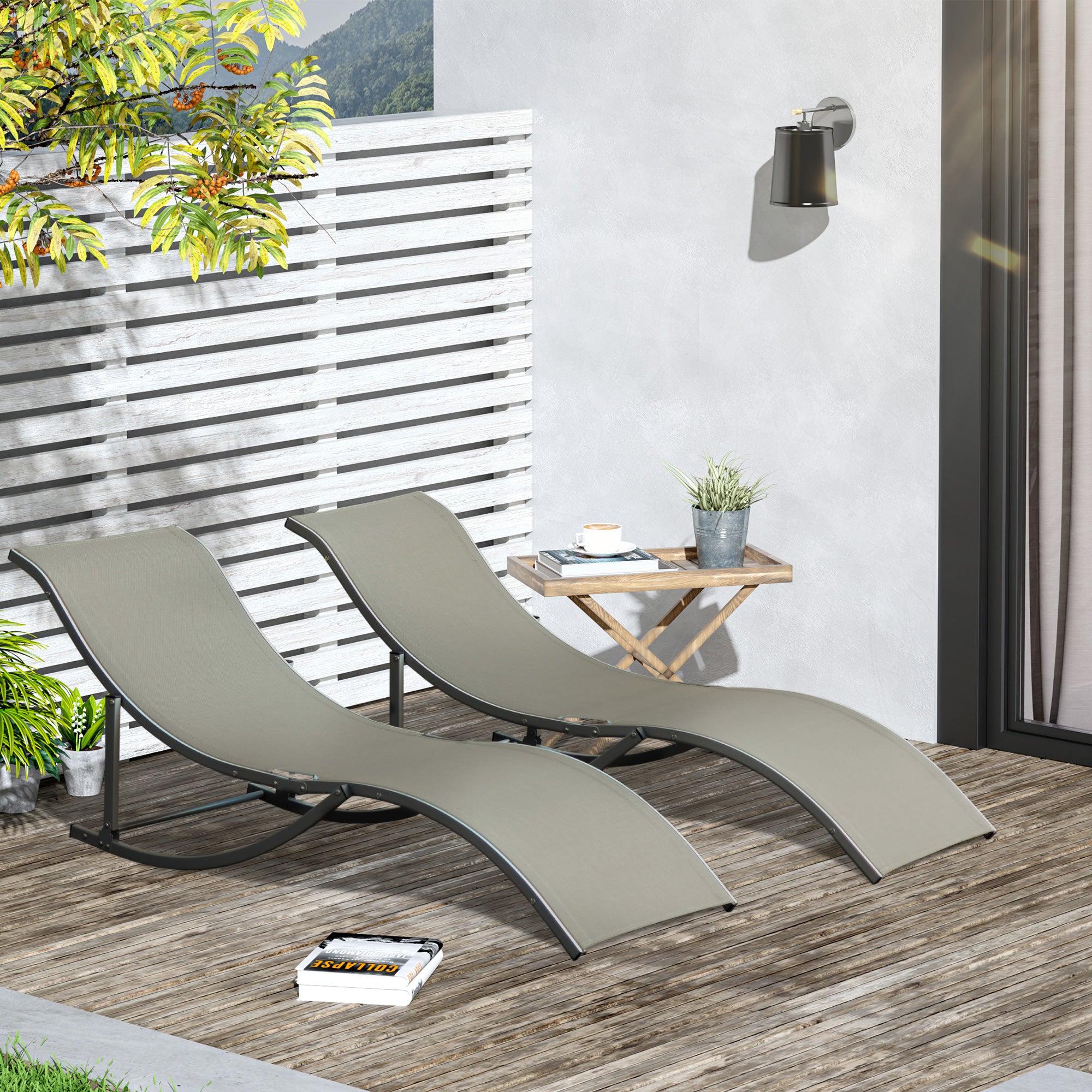 Outsunny 2 Tumbonas Plegables Tumbonas de Jardín en Forma de S con Marco de Aluminio Texteline para Piscina Patio Terraza 165x61x63 cm Gris