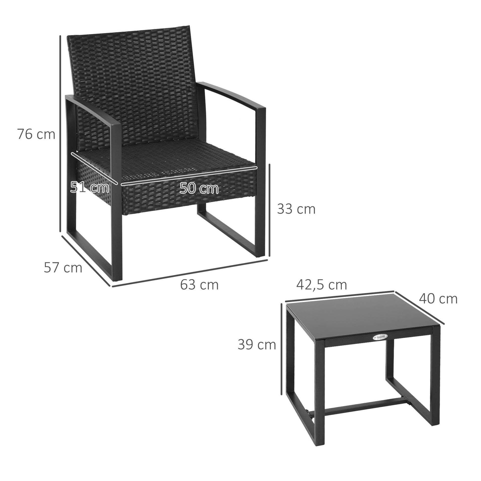 Outsunny Conjunto de Mesa y Sillas de Jardín para Exterior Juego de 3 Piezas Sillas y Mesa de Ratán Incluye 2 Sillones y 1 Mesa de Centro de Vidrio Negro