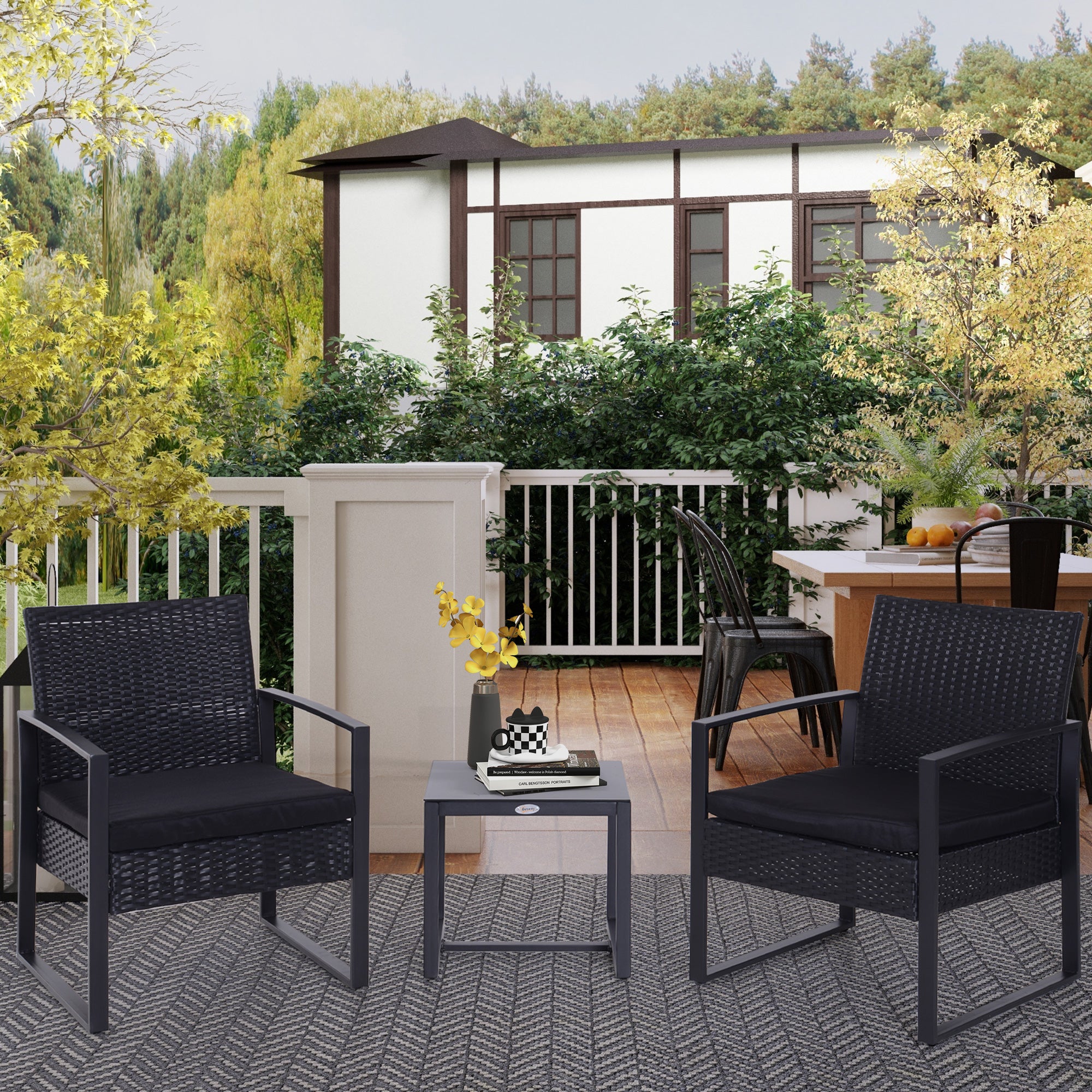 Outsunny Conjunto de Mesa y Sillas de Jardín para Exterior Juego de 3 Piezas Sillas y Mesa de Ratán Incluye 2 Sillones y 1 Mesa de Centro de Vidrio Negro