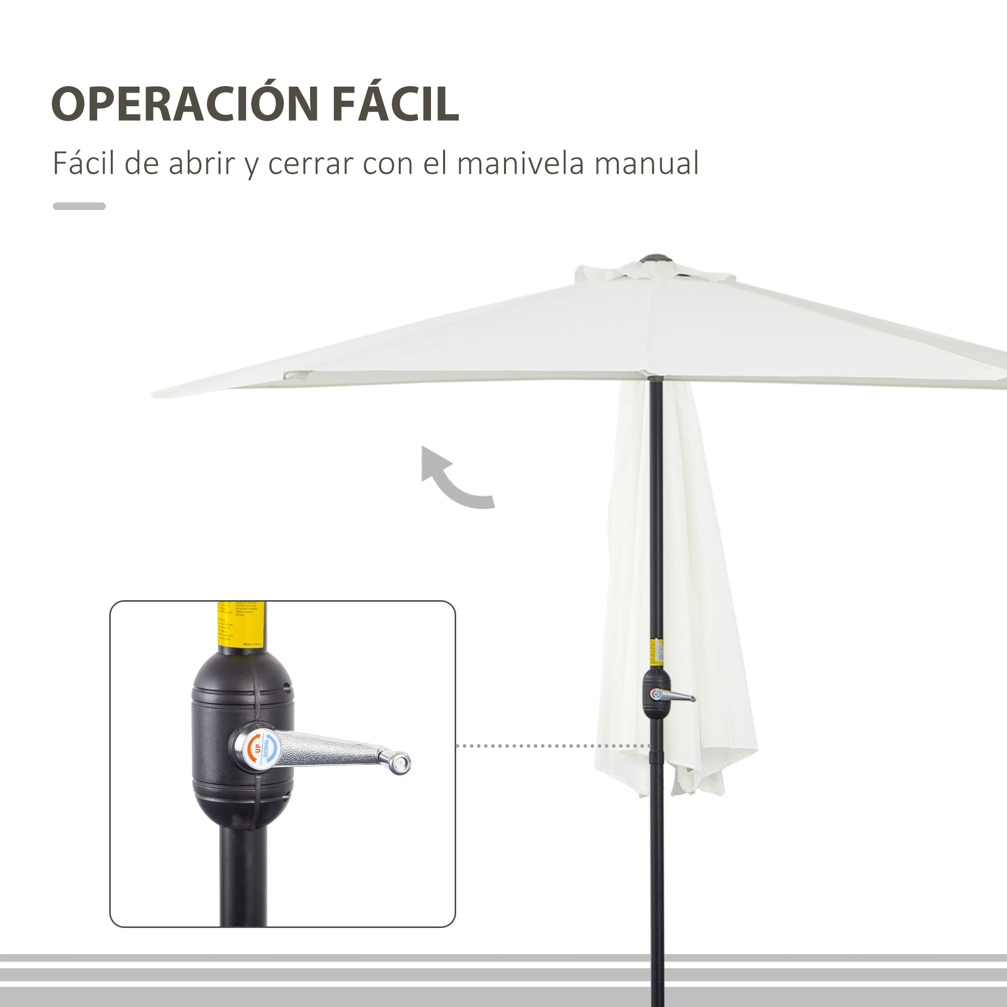 Outsunny Sombrilla 269x138x236 cm Parasol de Jardín con Manivela y Forma Semicircular para Exterior Terraza Patio Piscina Crema
