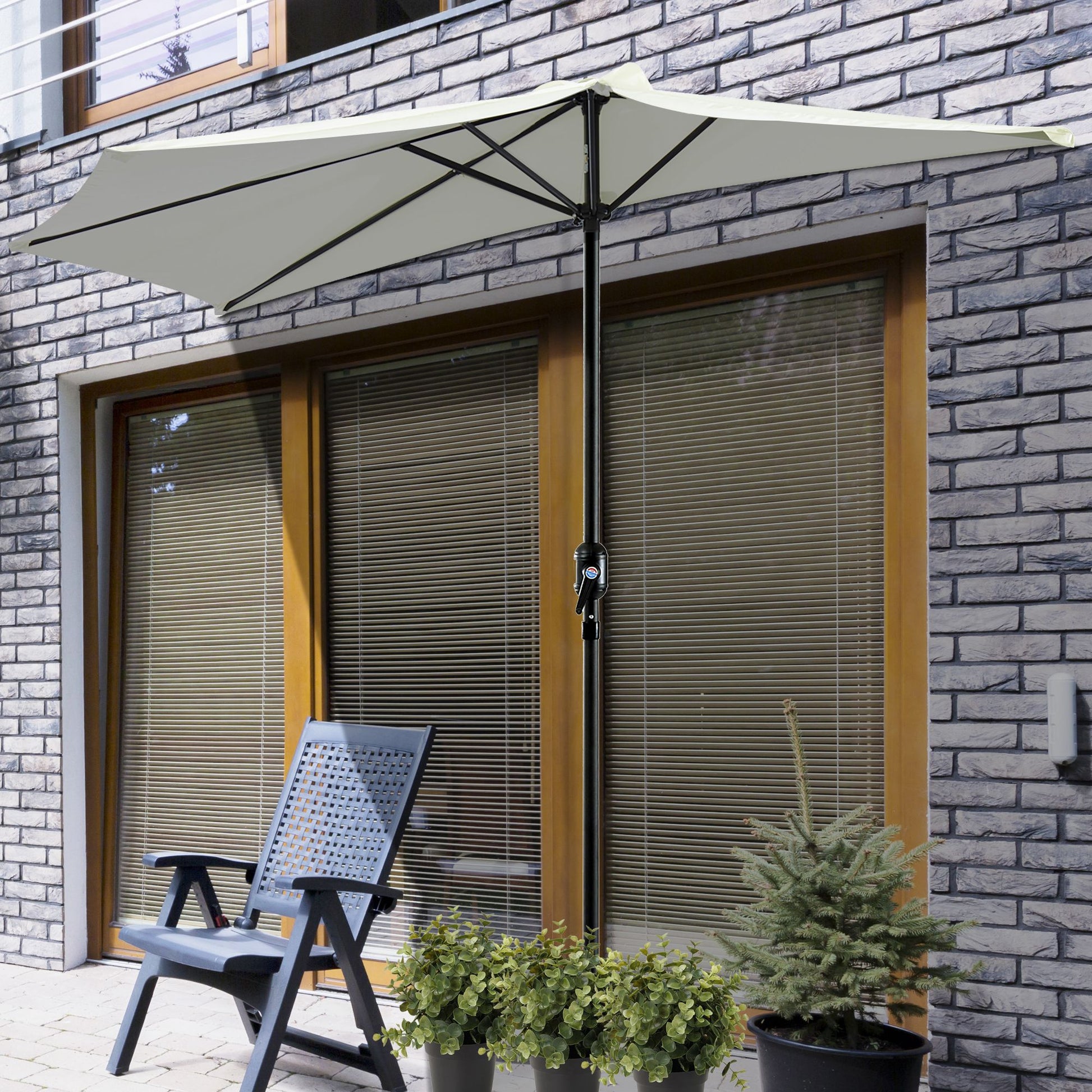 Outsunny Sombrilla 269x138x236 cm Parasol de Jardín con Manivela y Forma Semicircular para Exterior Terraza Patio Piscina Crema
