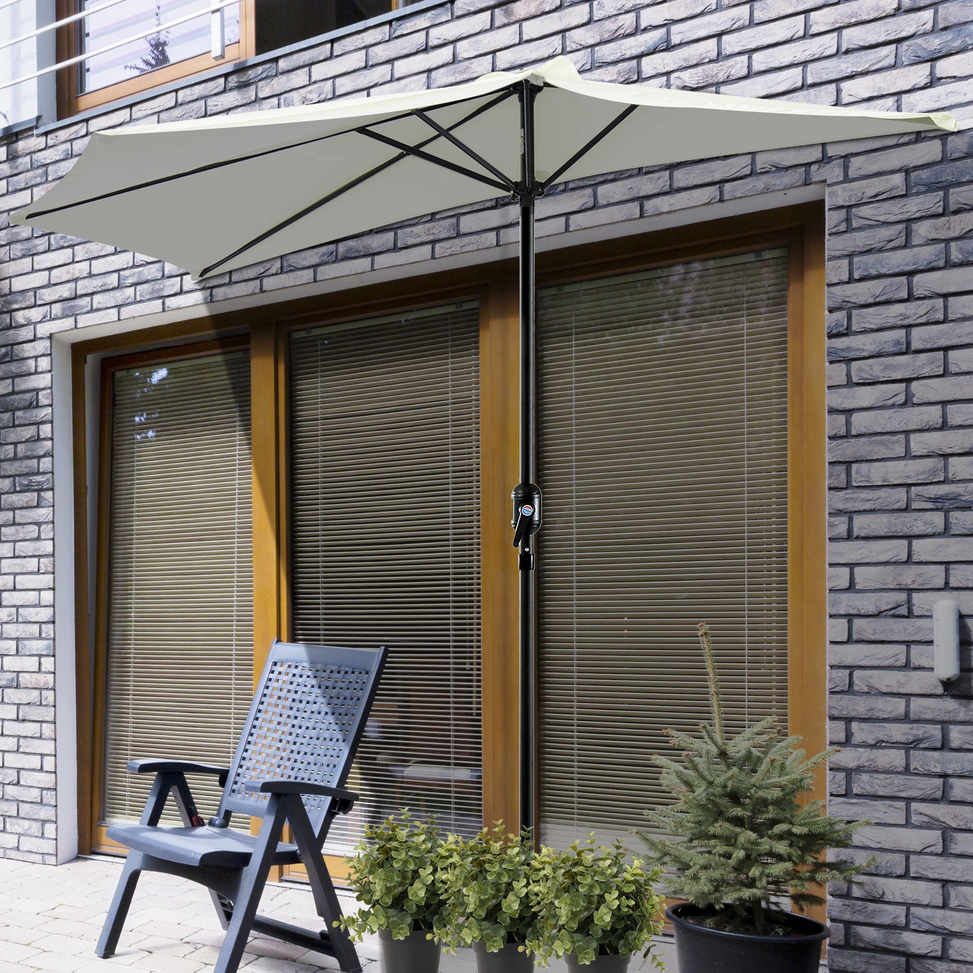 Outsunny Sombrilla 269x138x236 cm Parasol de Jardín con Manivela y Forma Semicircular para Exterior Terraza Patio Piscina Crema