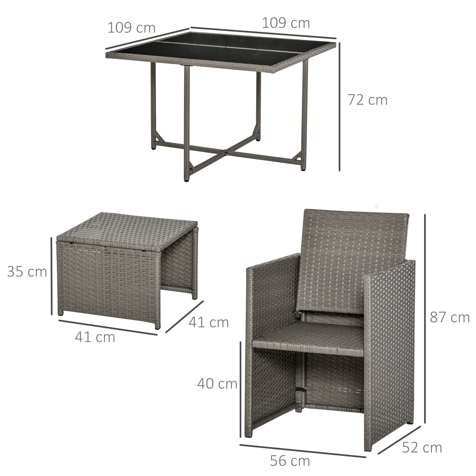 Outsunny Conjunto de Muebles de Jardín 9 Piezas de Ratán para Comedor Sillas Apilables con Cojines Extraíbles Lavables Mesa de Vidrio Templado para Exterior Patio Terraza Gris
