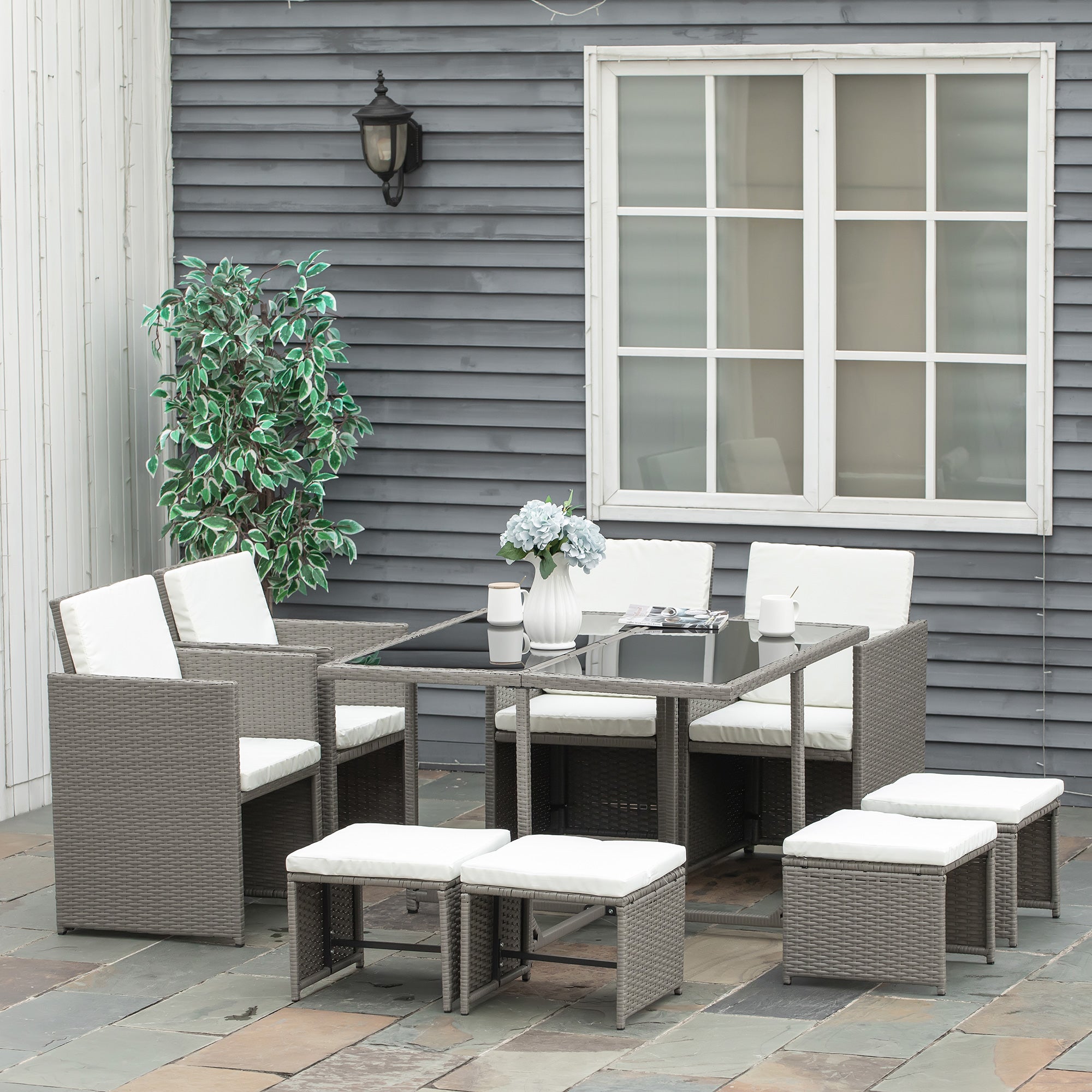 Outsunny Conjunto de Muebles de Jardín 9 Piezas de Ratán para Comedor Sillas Apilables con Cojines Extraíbles Lavables Mesa de Vidrio Templado para Exterior Patio Terraza Gris