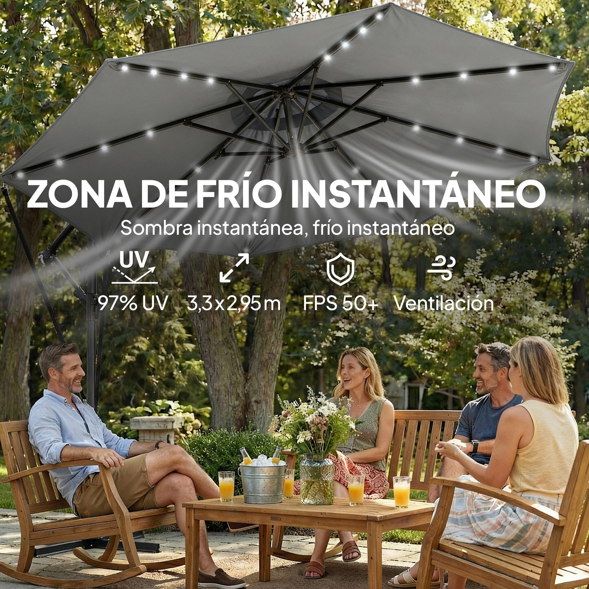 Outsunny Parasol Excéntrico con Luces LED Solares, Ø330 cm, Sombrilla de Jardín con Base Cruzada, Manivela, Funda Protectora y Cuerda de Viento, Anti-UV 50+, para Terraza, Patio, Gris Oscuro