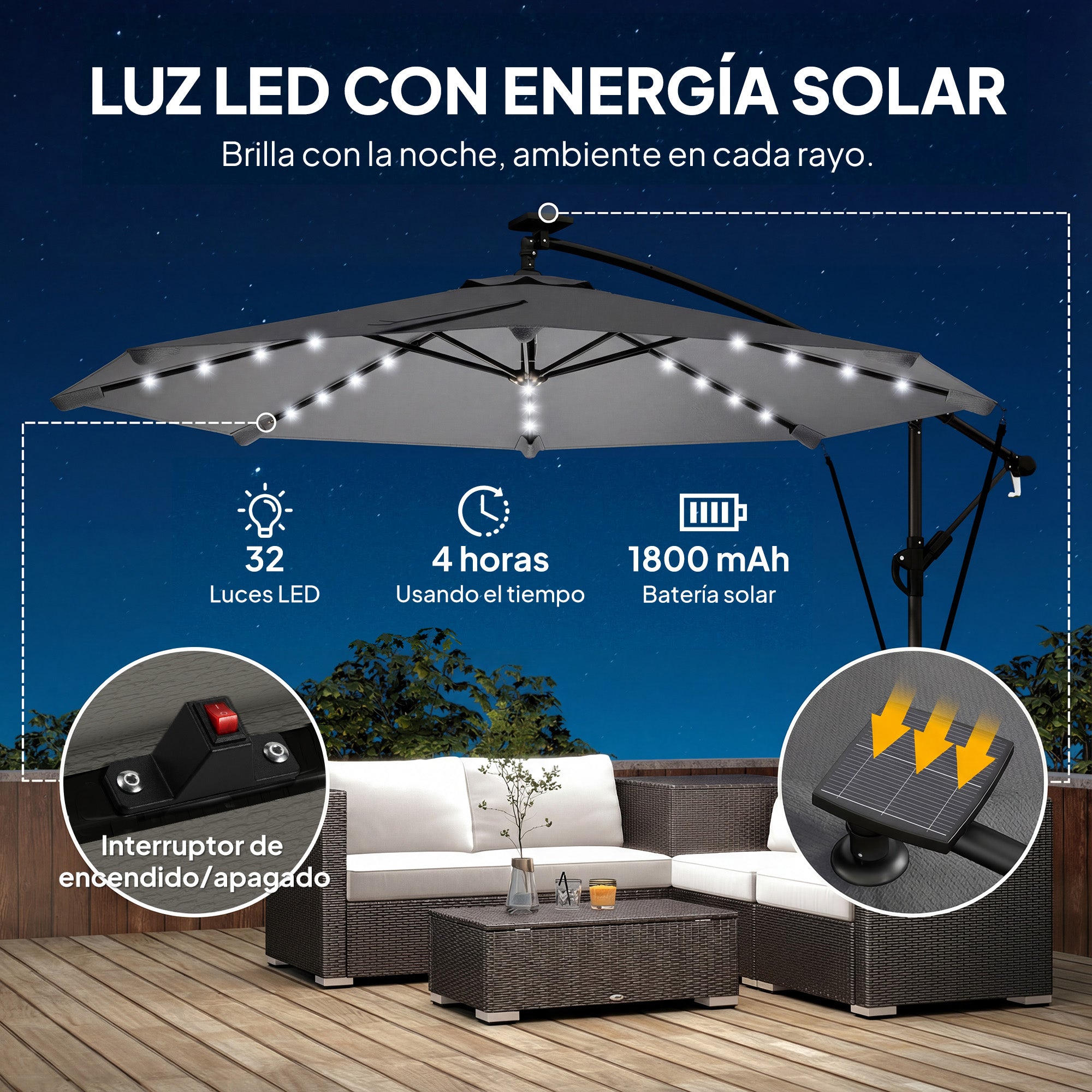 Outsunny Parasol Excéntrico con Luces LED Solares, Ø330 cm, Sombrilla de Jardín con Base Cruzada, Manivela, Funda Protectora y Cuerda de Viento, Anti-UV 50+, para Terraza, Patio, Gris Oscuro