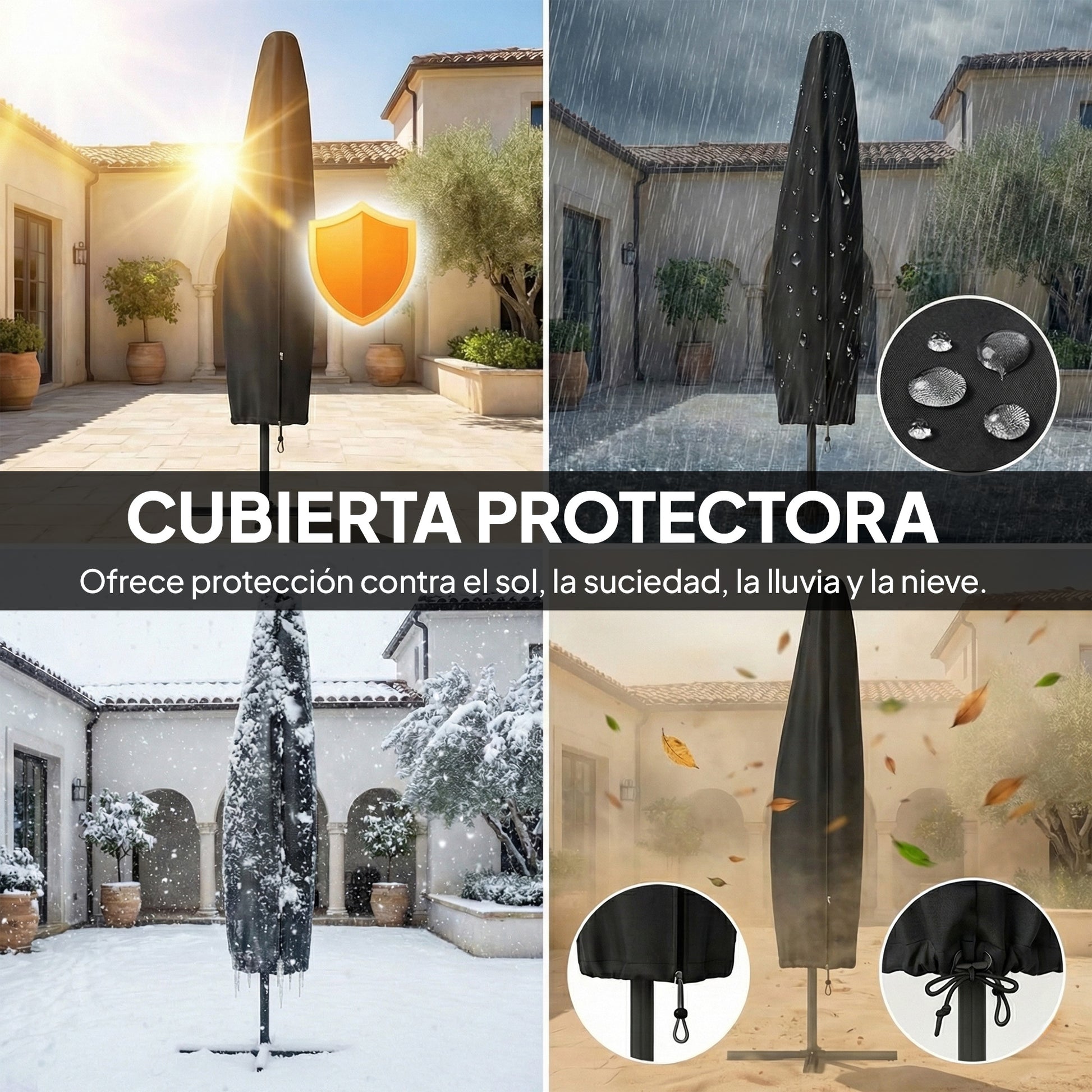 Outsunny Parasol Excéntrico con Luces LED Solares, Ø330 cm, Sombrilla de Jardín con Base Cruzada, Manivela, Funda Protectora y Cuerda de Viento, Anti-UV 50+, para Terraza, Patio, Gris Oscuro