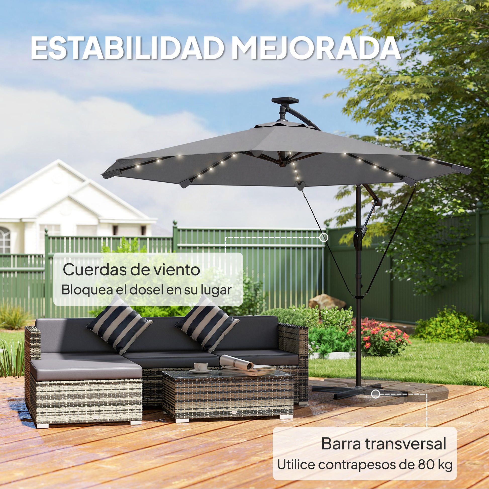 Outsunny Parasol Excéntrico con Luces LED Solares, Ø330 cm, Sombrilla de Jardín con Base Cruzada, Manivela, Funda Protectora y Cuerda de Viento, Anti-UV 50+, para Terraza, Patio, Gris Oscuro