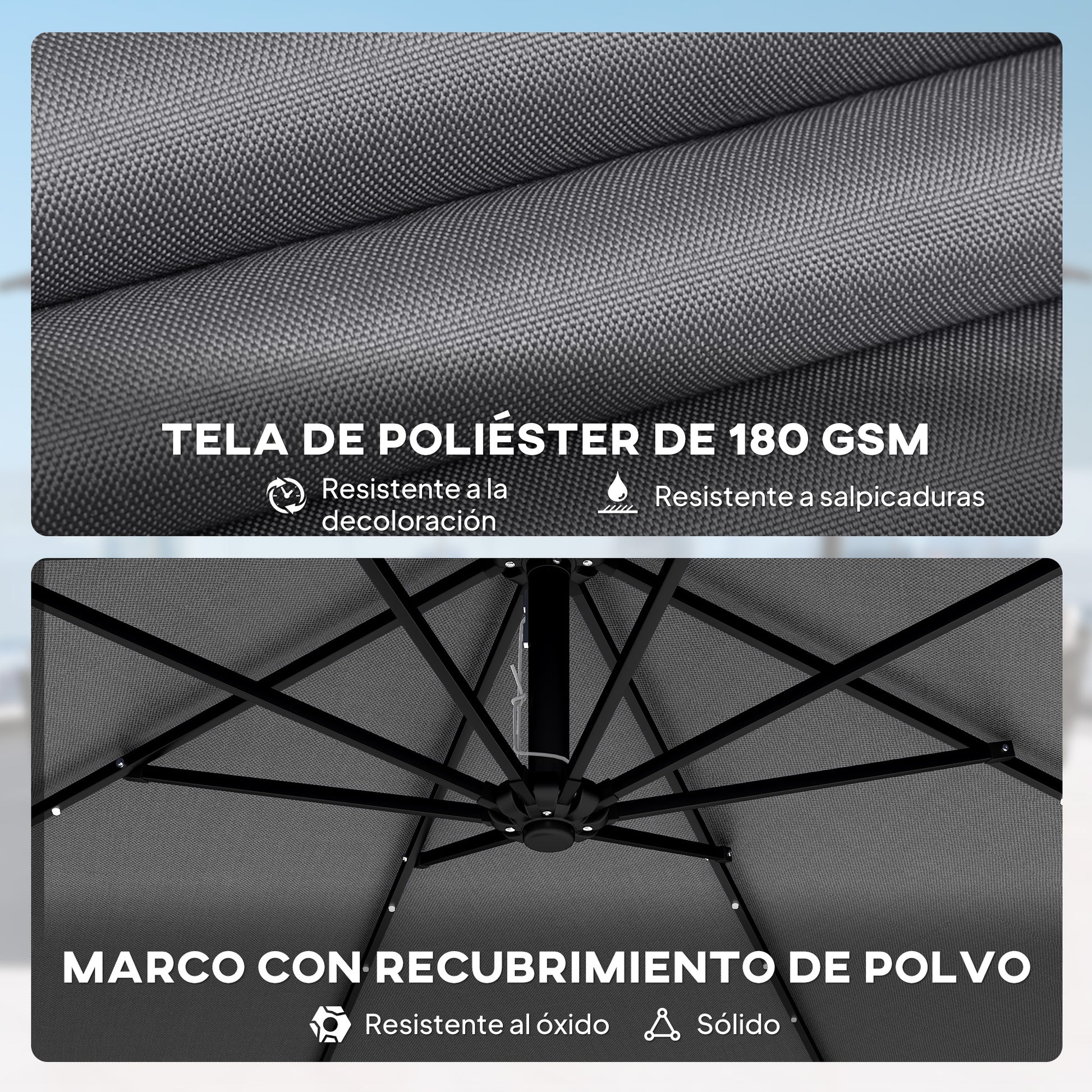 Outsunny Parasol Excéntrico con Luces LED Solares, Ø330 cm, Sombrilla de Jardín con Base Cruzada, Manivela, Funda Protectora y Cuerda de Viento, Anti-UV 50+, para Terraza, Patio, Gris Oscuro