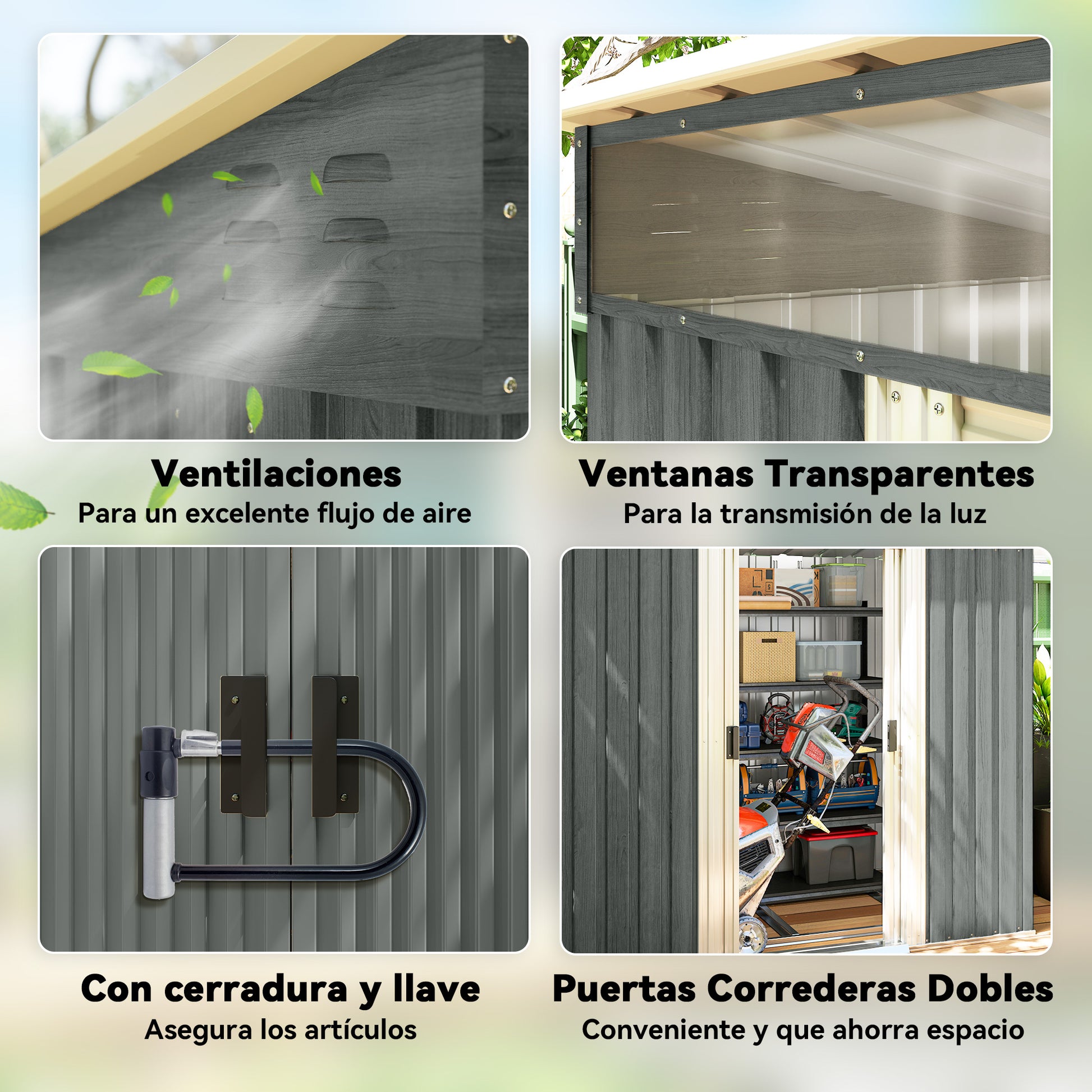 Outsunny Caseta de Jardín Exterior 2 m² 195x122x181,5 cm Cobertizo de Jardín Exterior Metálica con Base SIN SUELO 2 Puertas Correderas Ventanas y Ganchos para Herramientas Gris Claro