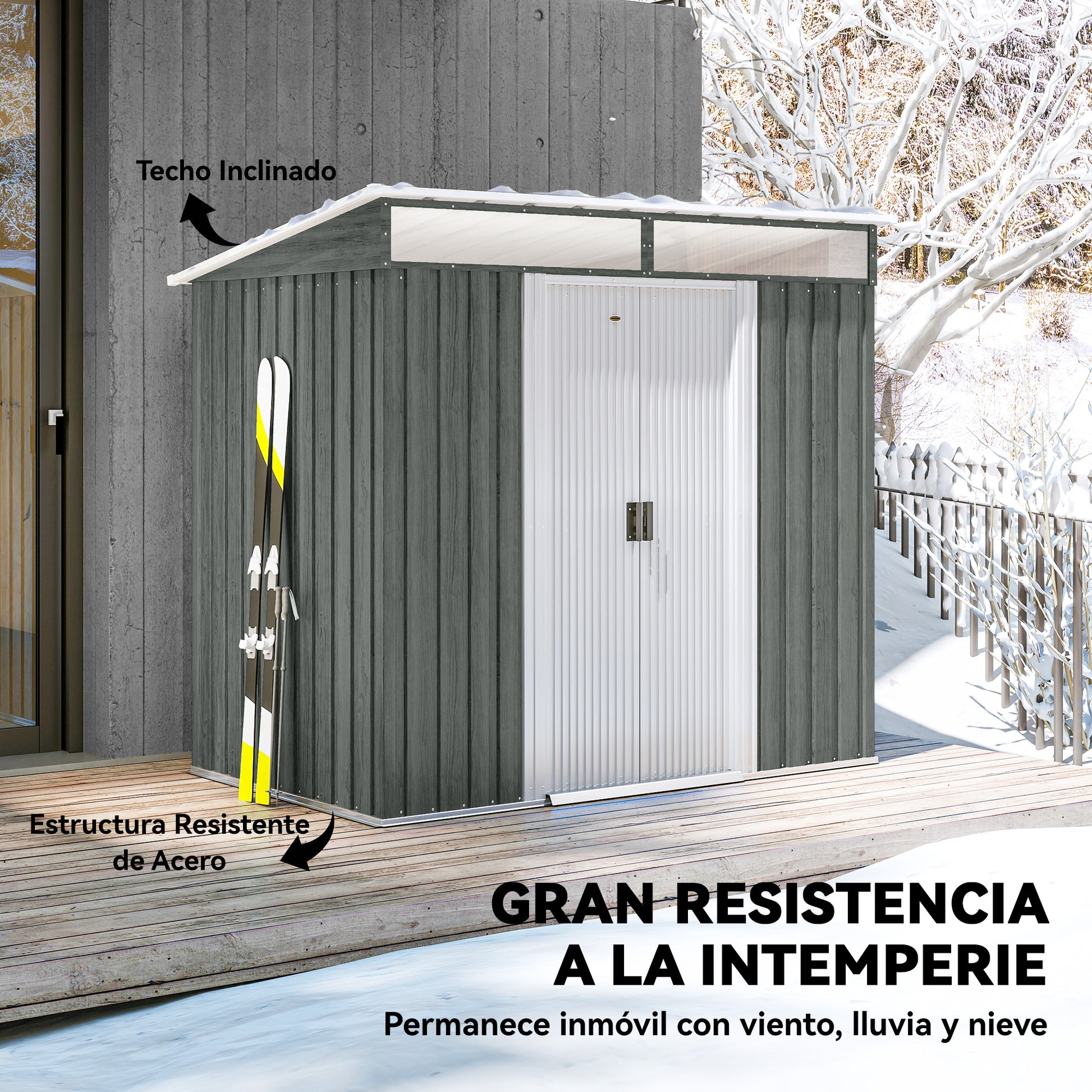 Outsunny Caseta de Jardín Exterior 2 m² 195x122x181,5 cm Cobertizo de Jardín Exterior Metálica con Base SIN SUELO 2 Puertas Correderas Ventanas y Ganchos para Herramientas Gris Claro