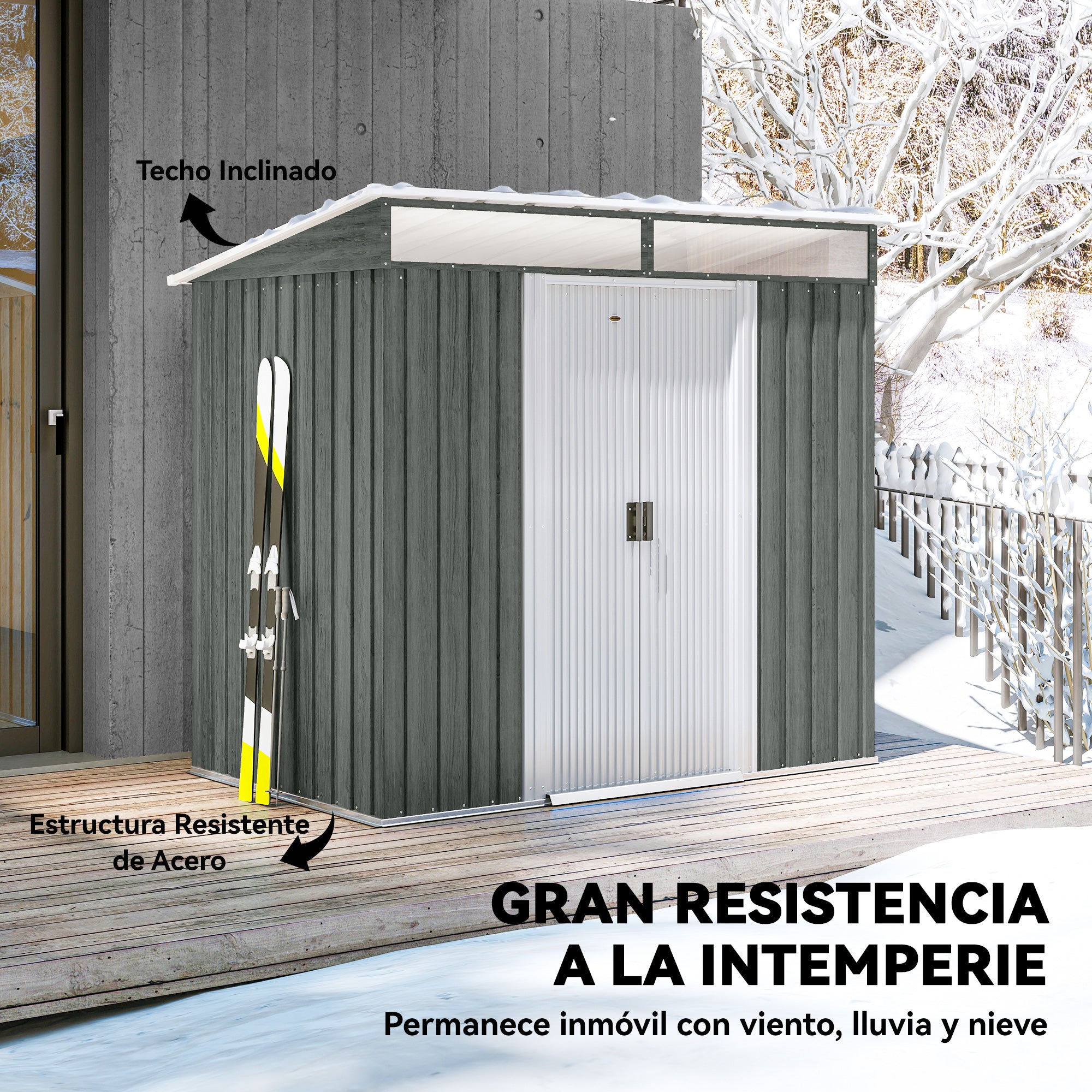Outsunny Caseta de Jardín Exterior 2 m² 195x122x181,5 cm Cobertizo de Jardín Exterior Metálica con Base SIN SUELO 2 Puertas Correderas Ventanas y Ganchos para Herramientas Gris Claro
