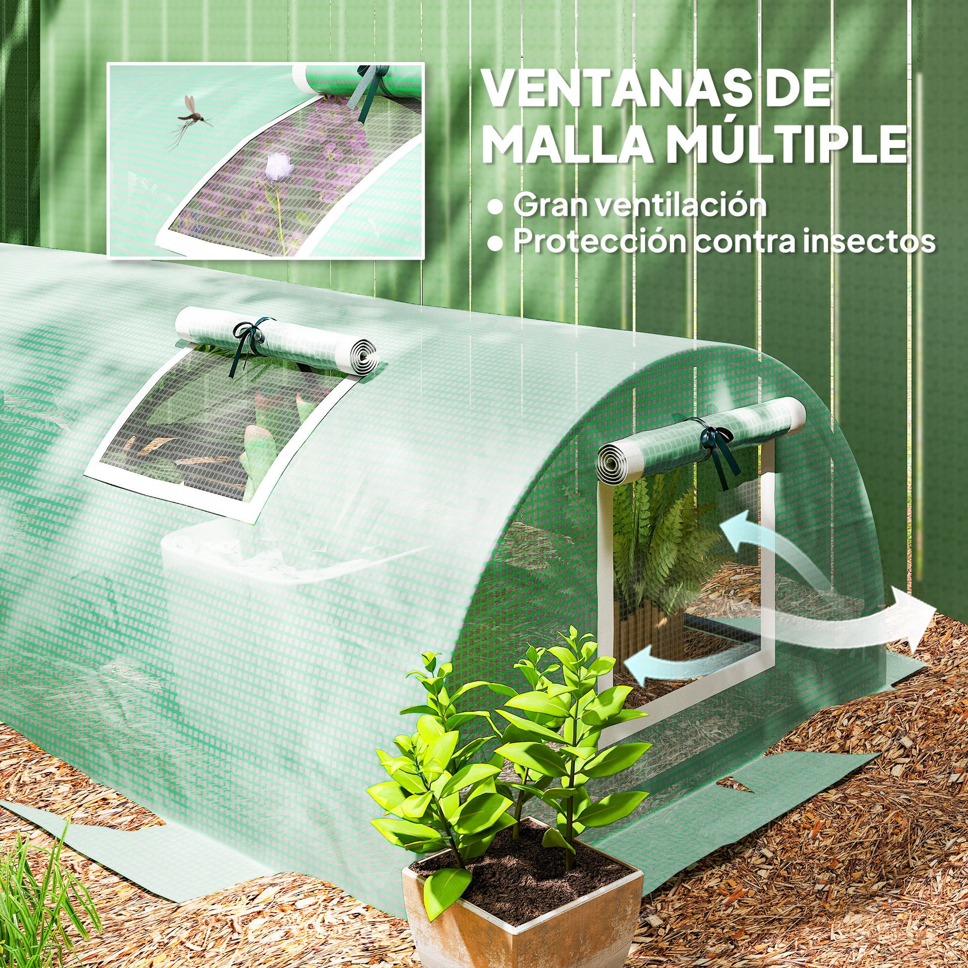 Outsunny Invernadero de Exterior, 300x80x45 cm, Invernadero de Jardín con 5 Ventanas Enrollables de Malla, Marco de Acero y Cubierta de PE 140g/㎡ Anti-UV para Cultivos, Plantas, Flores, Verde