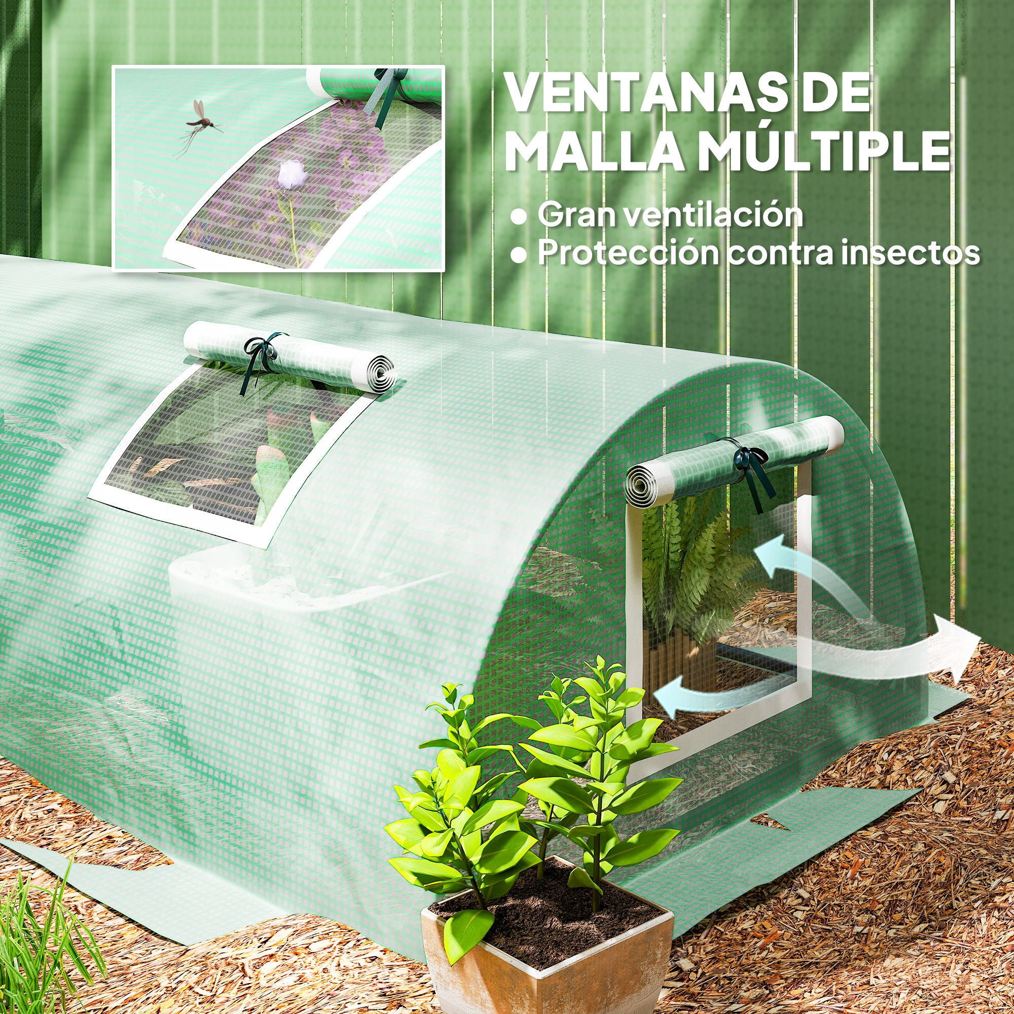 Outsunny Invernadero de Exterior, 300x80x45 cm, Invernadero de Jardín con 5 Ventanas Enrollables de Malla, Marco de Acero y Cubierta de PE 140g/㎡ Anti-UV para Cultivos, Plantas, Flores, Verde