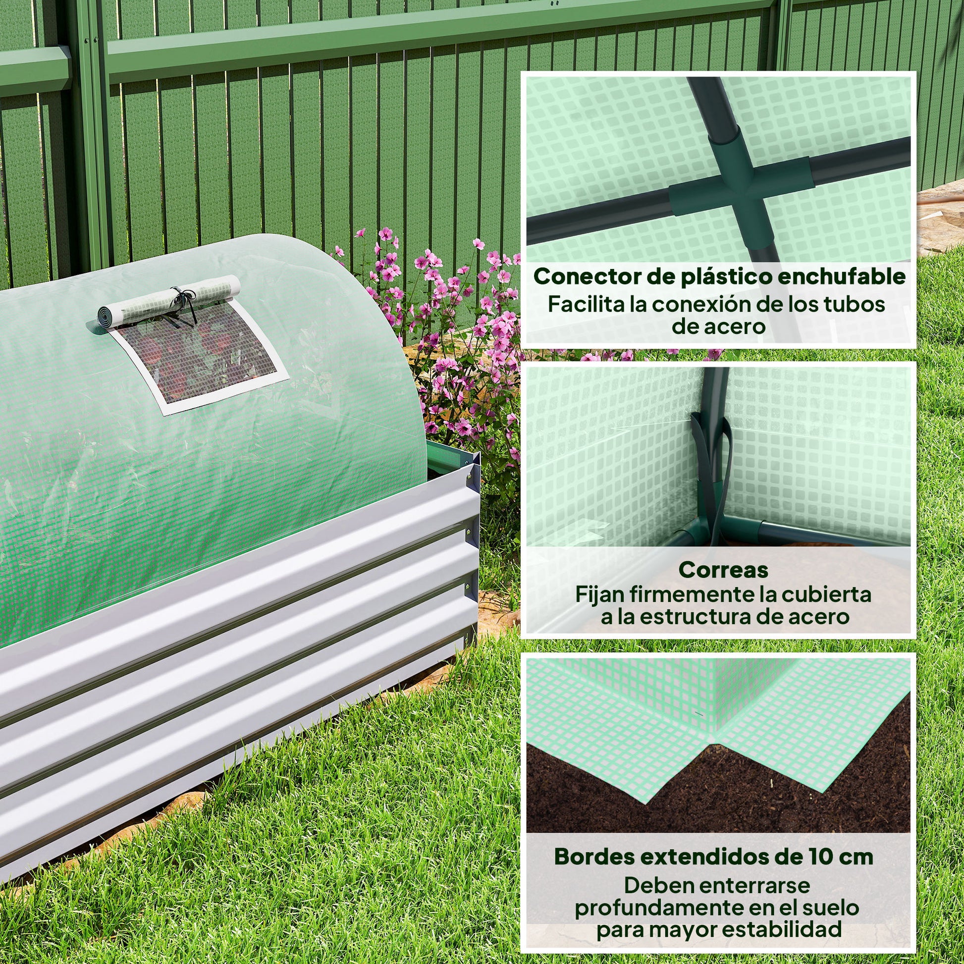 Outsunny Invernadero de Exterior, 300x80x45 cm, Invernadero de Jardín con 5 Ventanas Enrollables de Malla, Marco de Acero y Cubierta de PE 140g/㎡ Anti-UV para Cultivos, Plantas, Flores, Verde