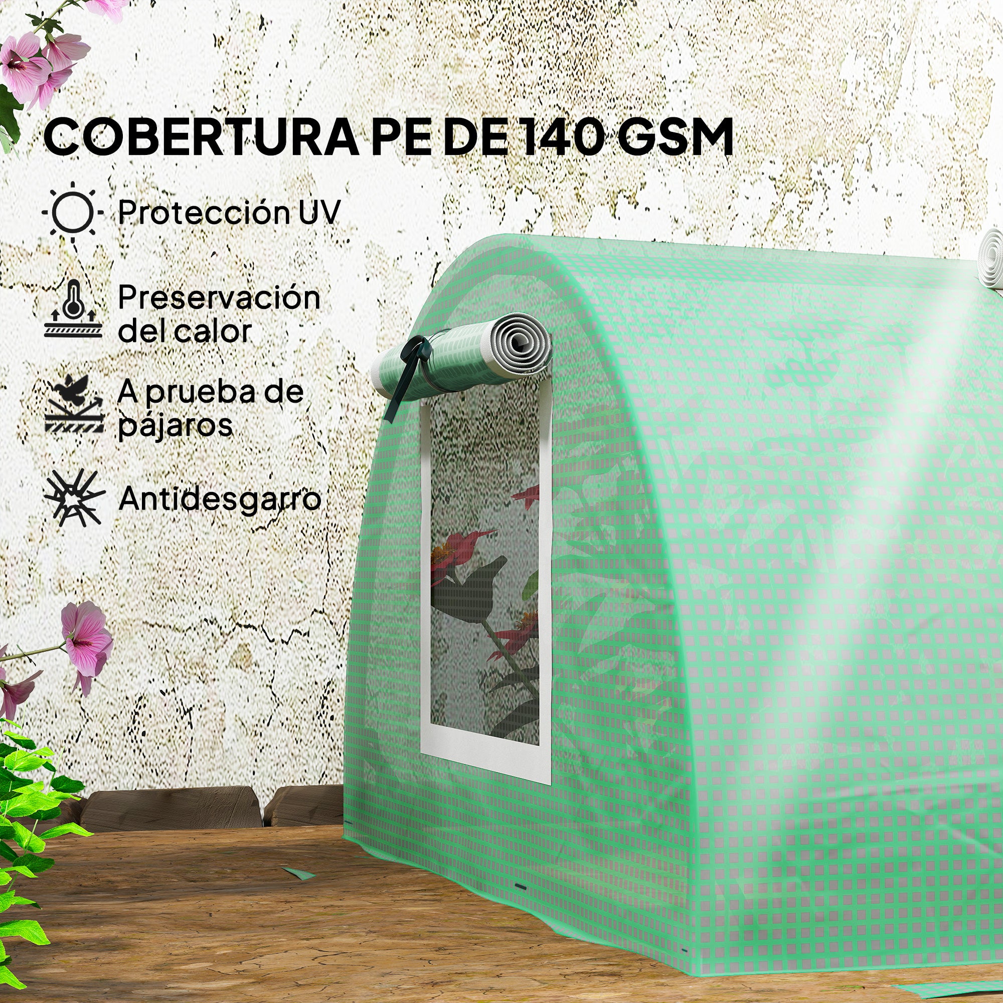 Outsunny Invernadero de Exterior, 300x80x45 cm, Invernadero de Jardín con 5 Ventanas Enrollables de Malla, Marco de Acero y Cubierta de PE 140g/㎡ Anti-UV para Cultivos, Plantas, Flores, Verde