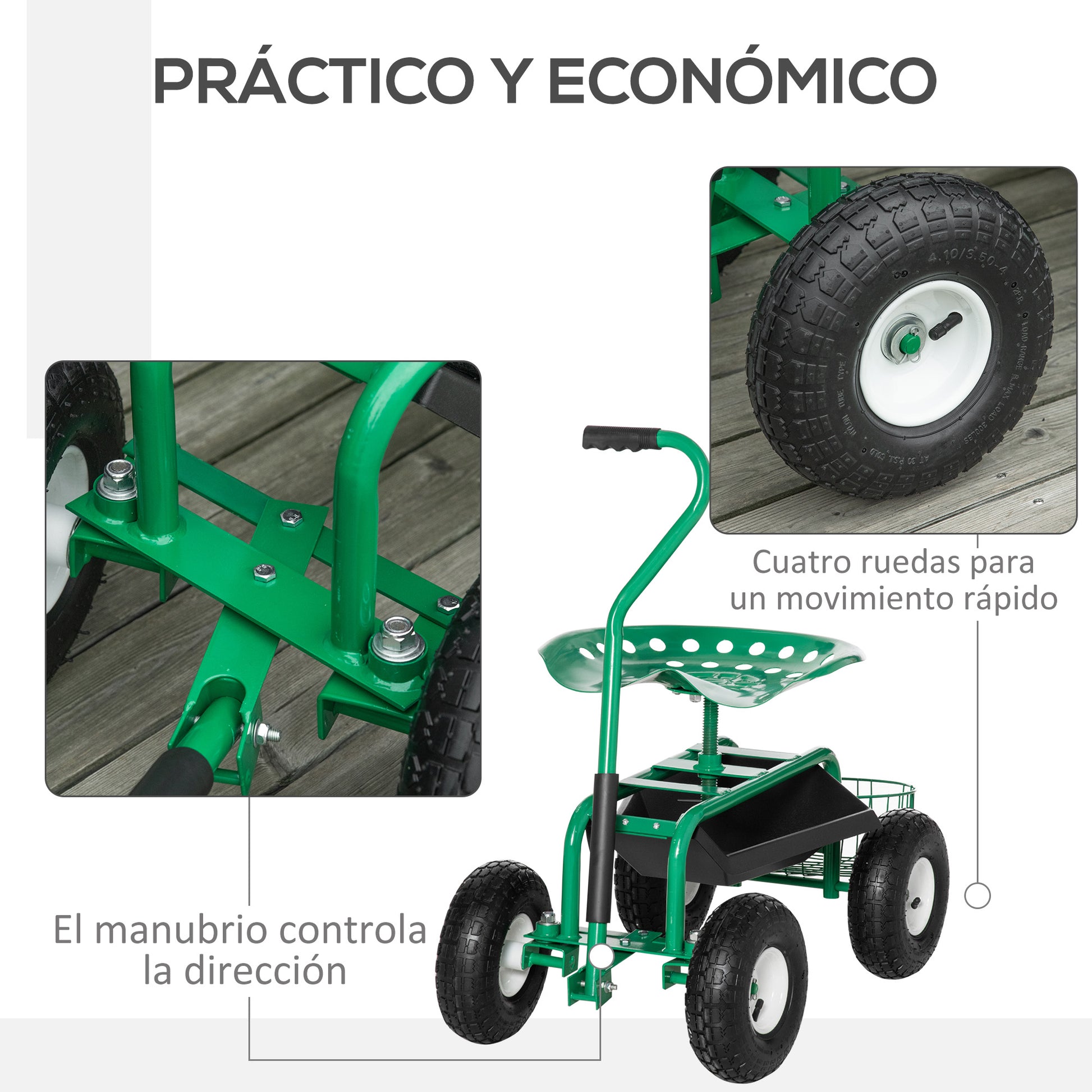 Outsunny Asiento de Jardín con Ruedas, Taburete de Jardinería con Asiento Giratorio y Ajustable en Altura, Ruedas Neumáticas, Bandeja de Herramientas y Cesta, Carga 150 kg para Patio, Exterior, Verde