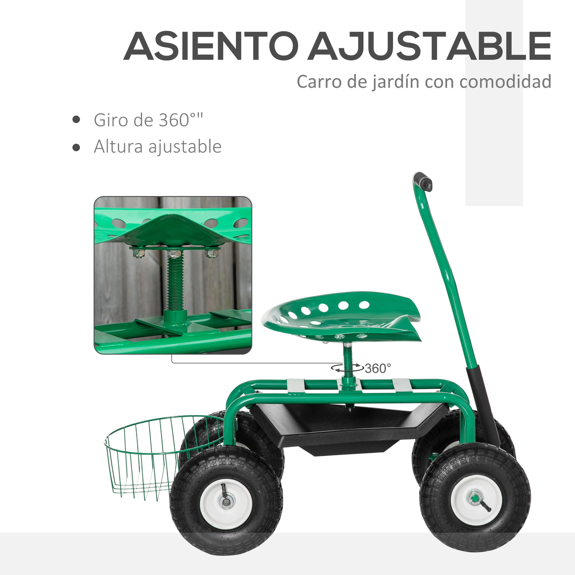 Outsunny Asiento de Jardín con Ruedas, Taburete de Jardinería con Asiento Giratorio y Ajustable en Altura, Ruedas Neumáticas, Bandeja de Herramientas y Cesta, Carga 150 kg para Patio, Exterior, Verde