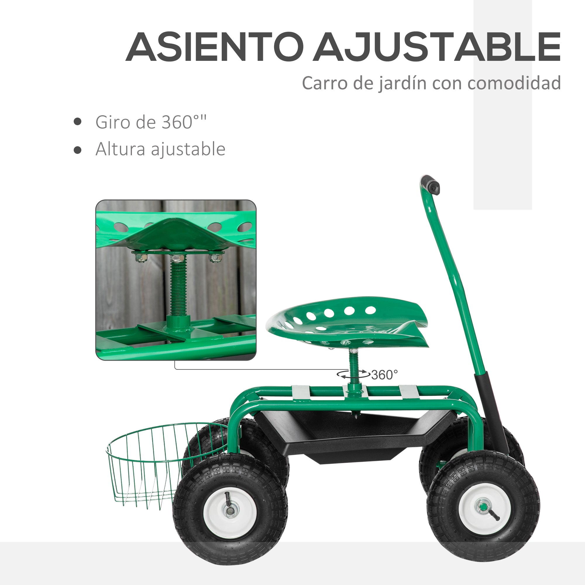 Outsunny Asiento de Jardín con Ruedas, Taburete de Jardinería con Asiento Giratorio y Ajustable en Altura, Ruedas Neumáticas, Bandeja de Herramientas y Cesta, Carga 150 kg para Patio, Exterior, Verde
