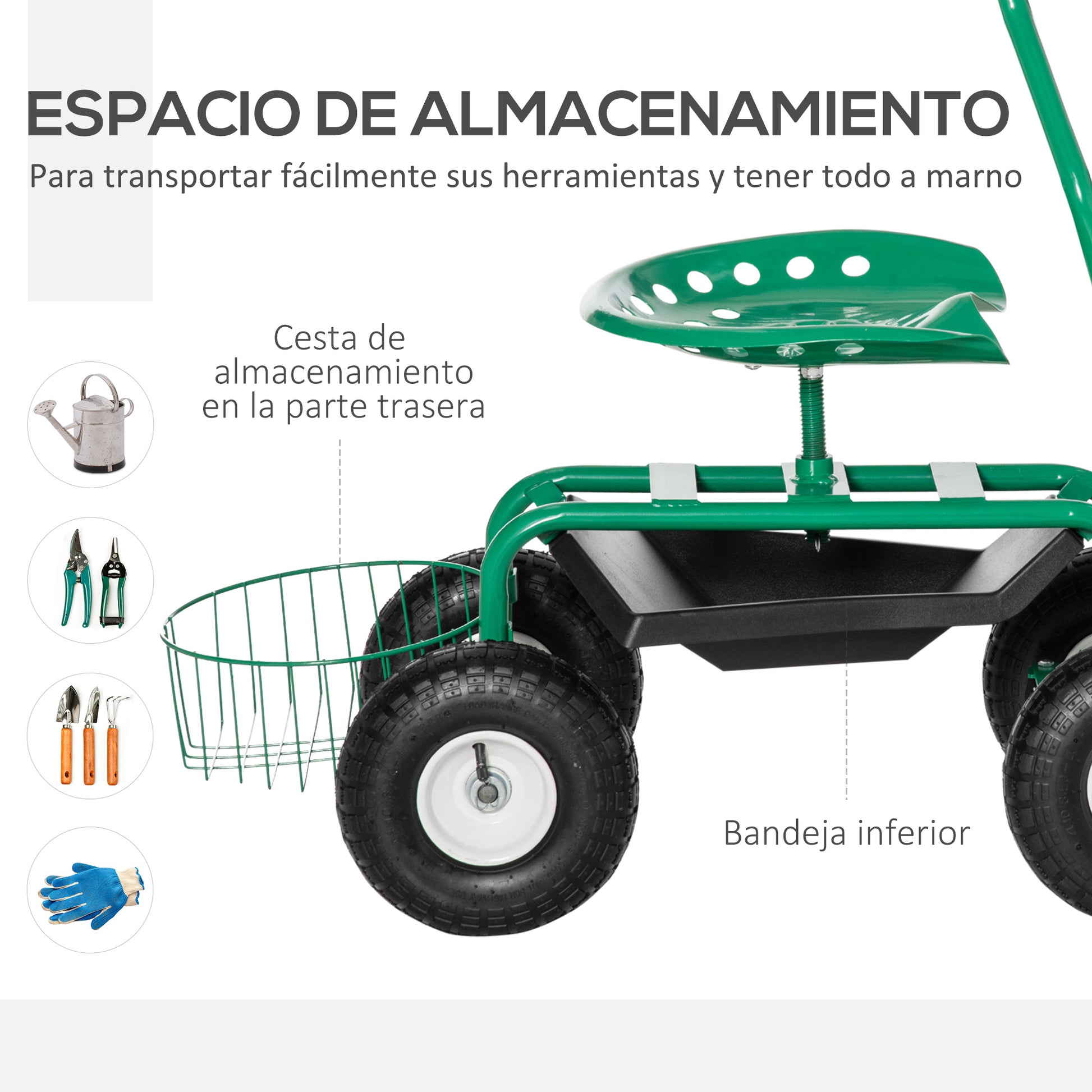 Outsunny Asiento de Jardín con Ruedas, Taburete de Jardinería con Asiento Giratorio y Ajustable en Altura, Ruedas Neumáticas, Bandeja de Herramientas y Cesta, Carga 150 kg para Patio, Exterior, Verde