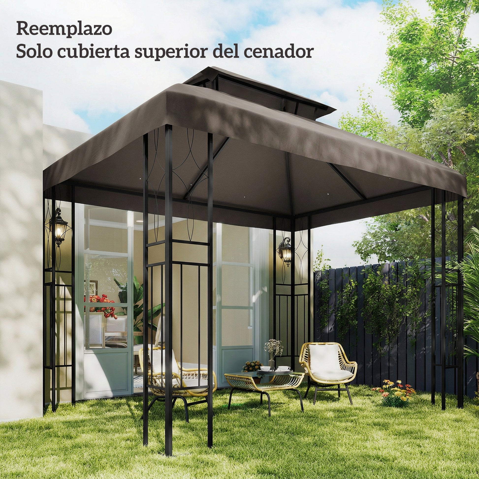 Outsunny Techo de Repuesto para Cenador, 4x3 m, Cubierta de Repuesto con Techo Doble, 10 Orificios de Drenaje y Protección UV, SOLO Toldo de Recambio para Pabellón Gazebo, Marrón